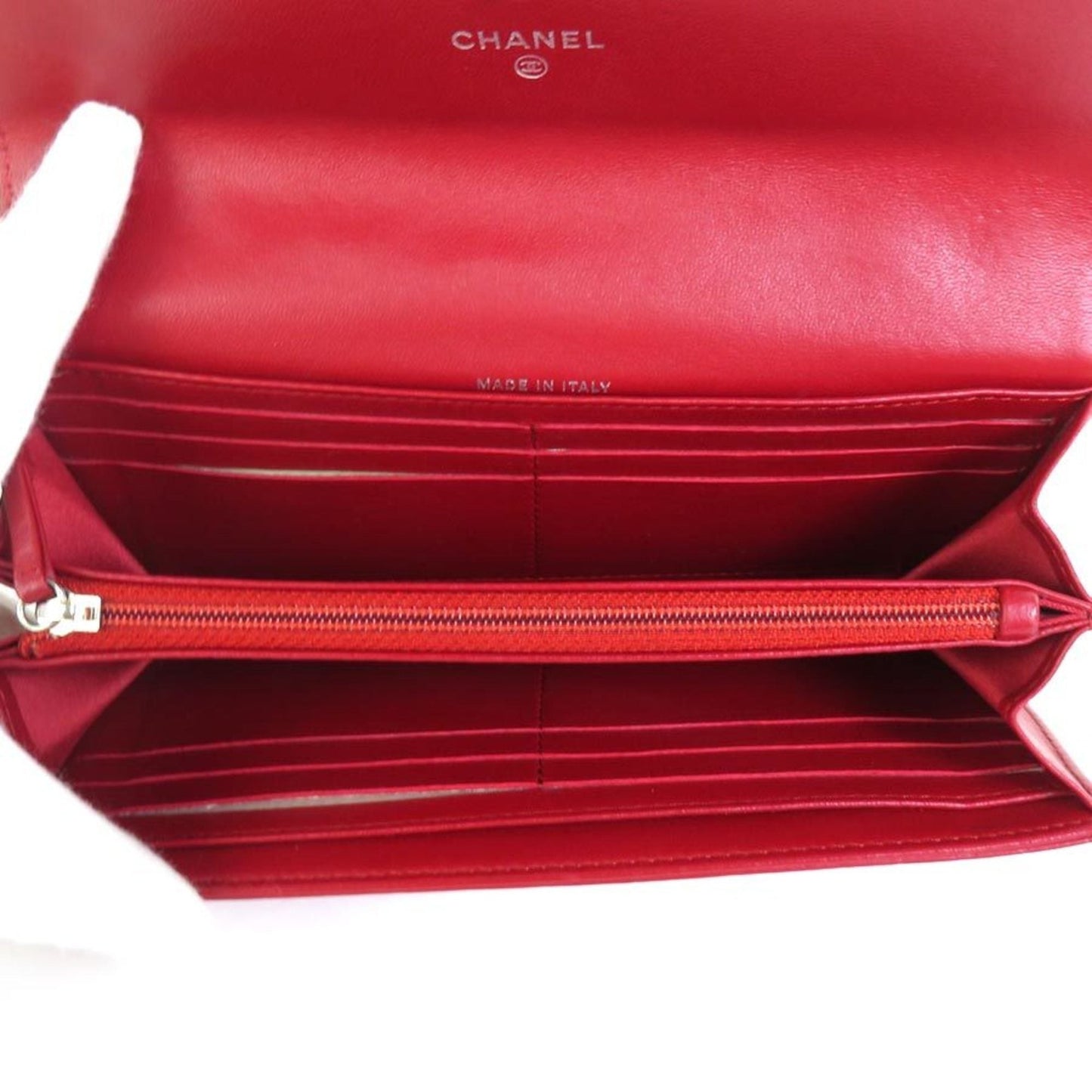 Luxury Chanel Long Wallet Camellia Coco Mark Embossed Leather Dark Red Silver Women's