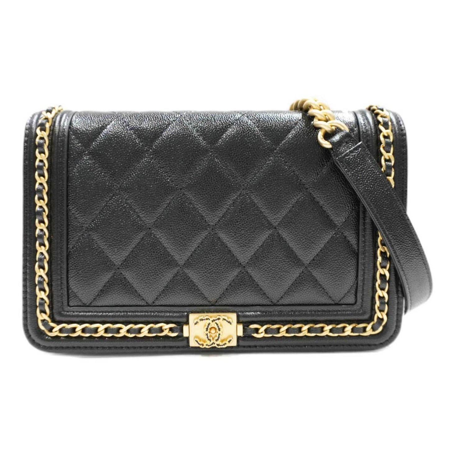 Luxury Chanel [] 19 Chain Shoulder Bag Black/G Metal Fittings Caviar Skin Women's Men's