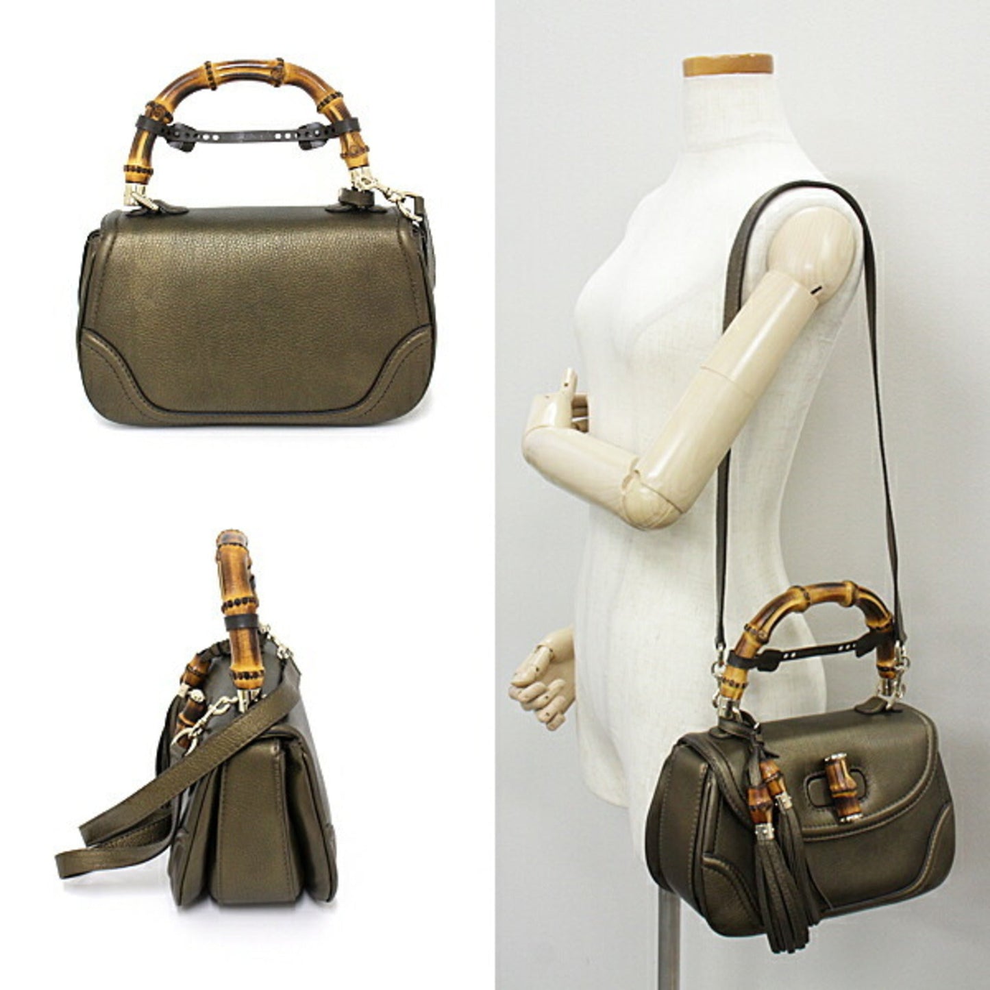 Luxury Gucci New Bamboo Handbag 254884 2WAY Shoulder Bag Tassel Leather Gold Metallic