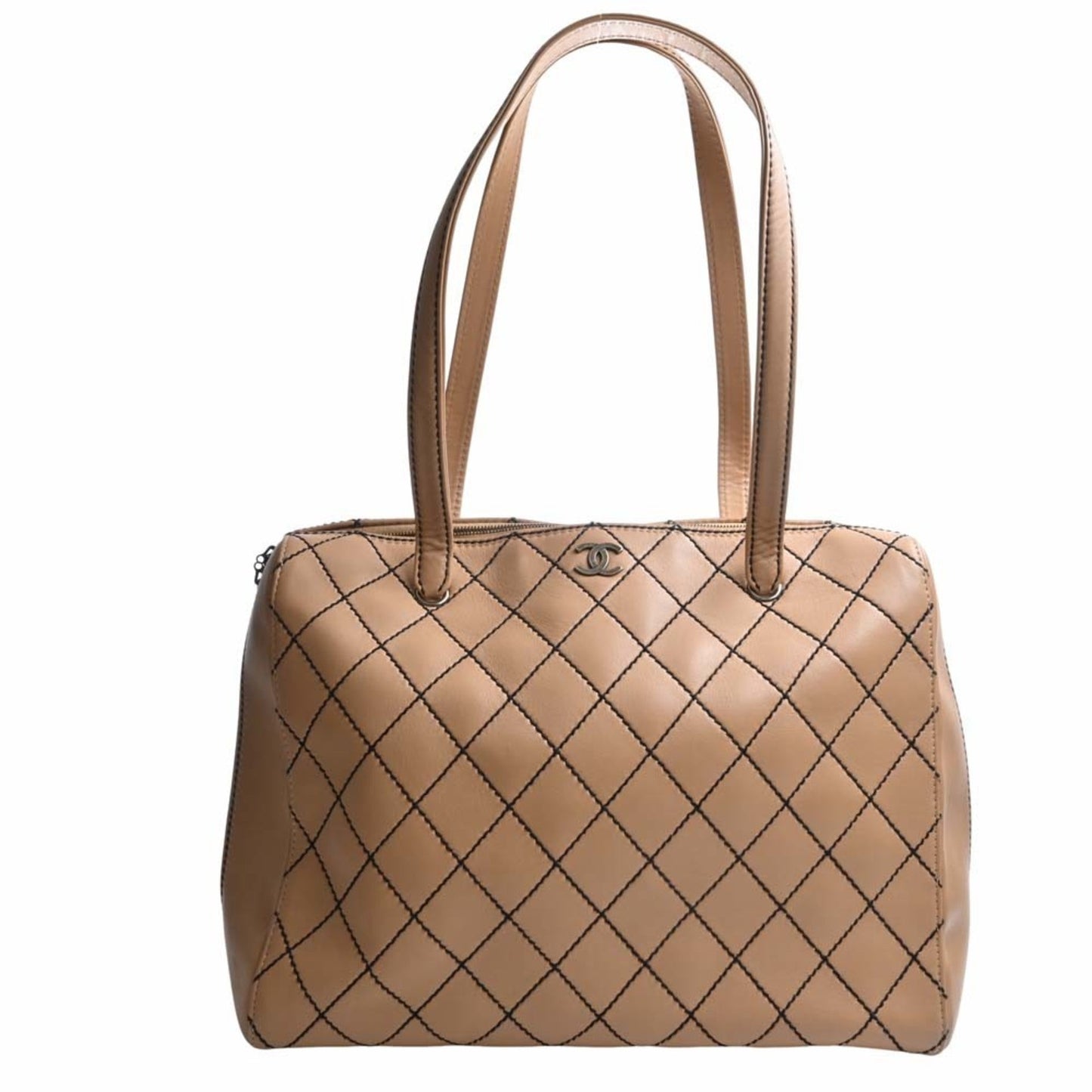 Luxury Chanel Leather Wild Stitch Coco Mark Tote Bag Beige Ladies
