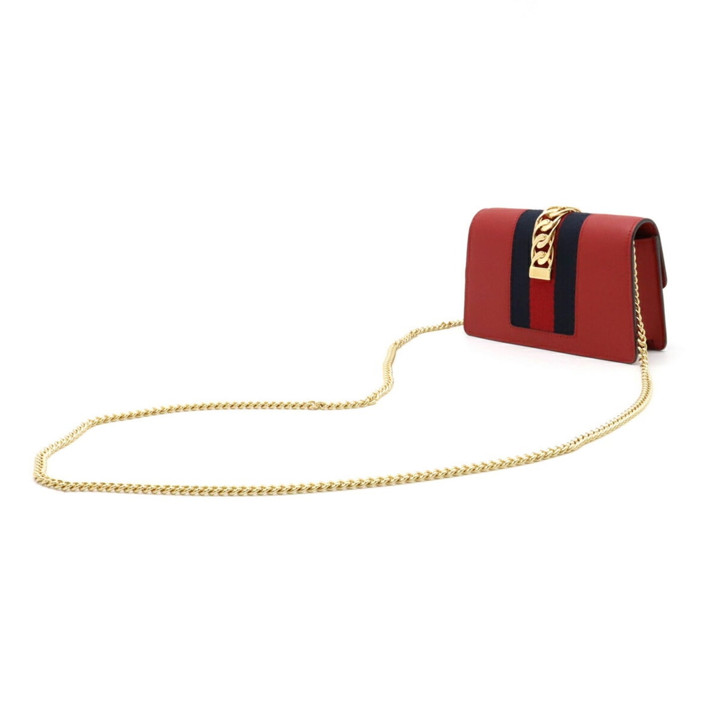 Luxury Gucci Sylvie Webline Chain Shoulder Bag Pochette Clutch Leather Red 494646