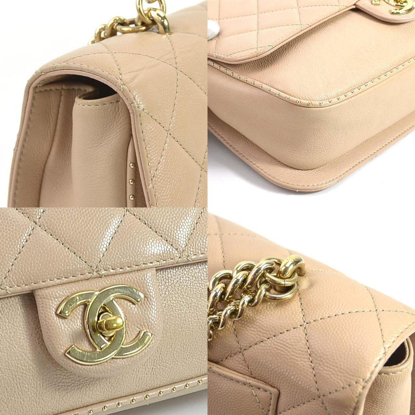 Luxury Chanel Diagonal Shoulder Bag Cocomark Matrasse Caviar Skin Leather Beige Gold Unisex 99540a