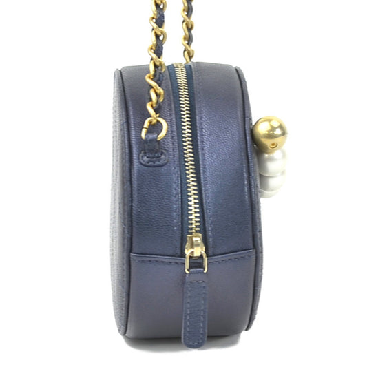 Luxury Chanel Crossbody Shoulder Bag Pochette Coco Mark Leather/Metal/Fake Pearl Navy/Gold/Off-White Women's