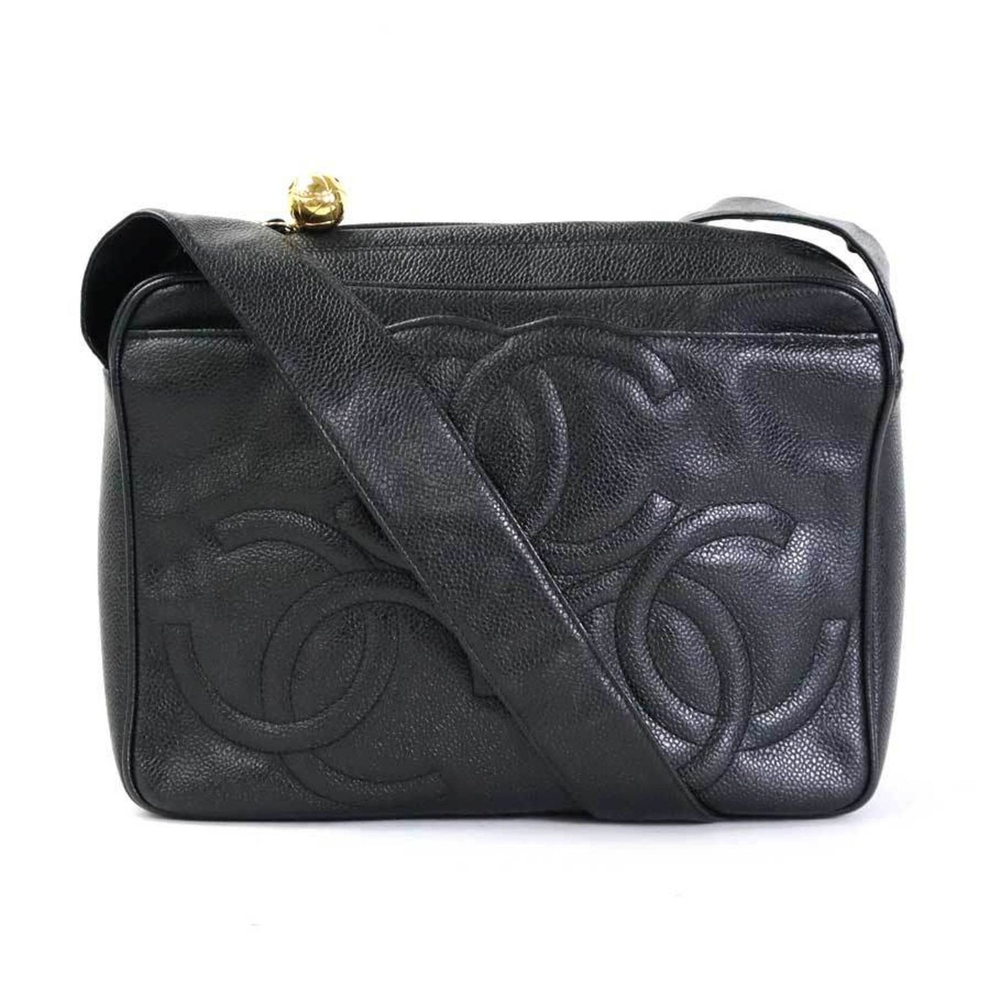 Luxury Chanel Crossbody Shoulder Bag Triple Coco Mark Caviar Skin Leather Black Gold Ladies