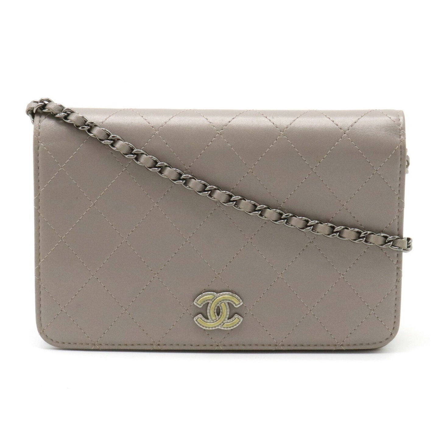 Luxury Chanel Matelasse Coco Mark Chain Shoulder Bag Pochette Metallic Leather Gray