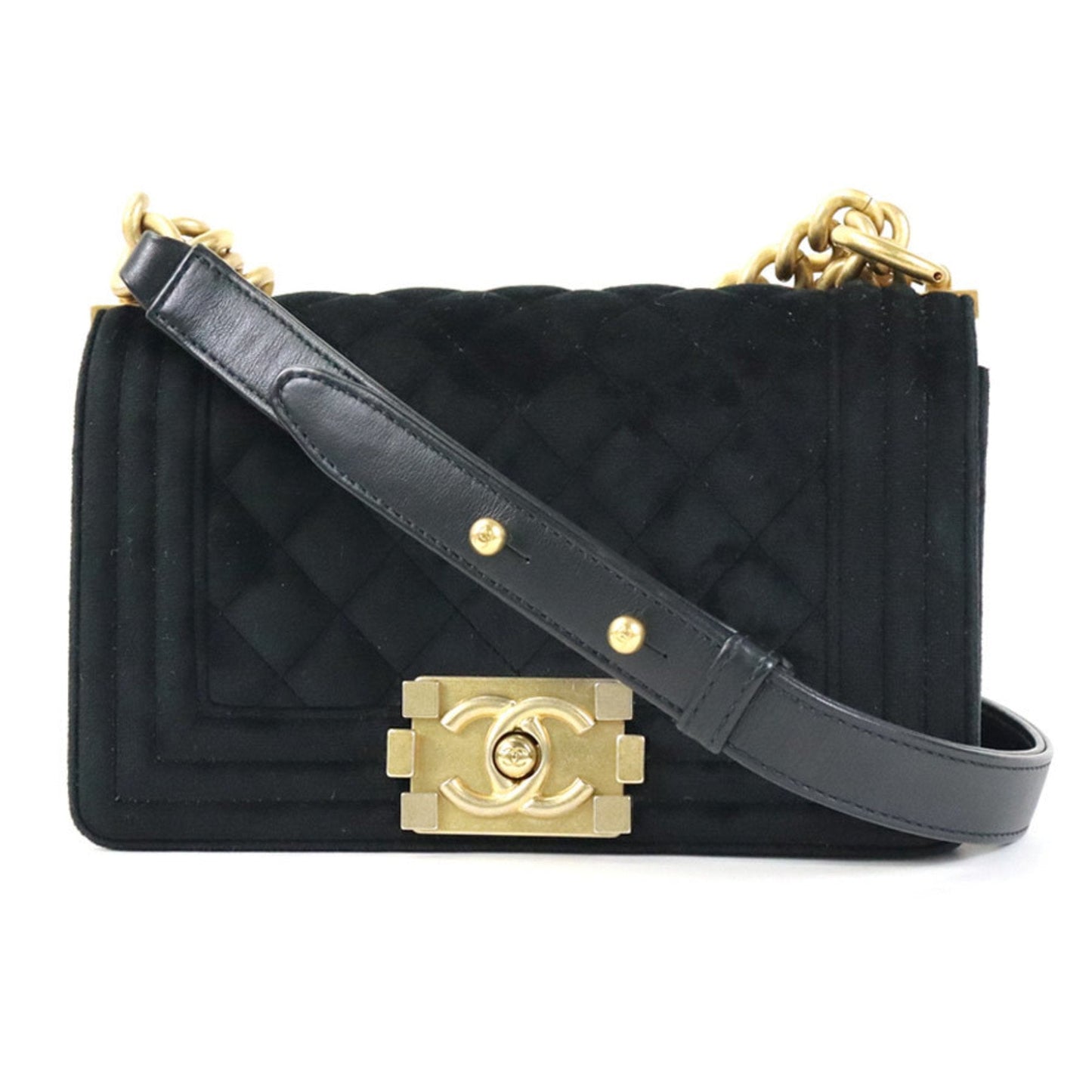 Luxury Chanel Crossbody Shoulder Bag Boy  Velor Black Gold Ladies