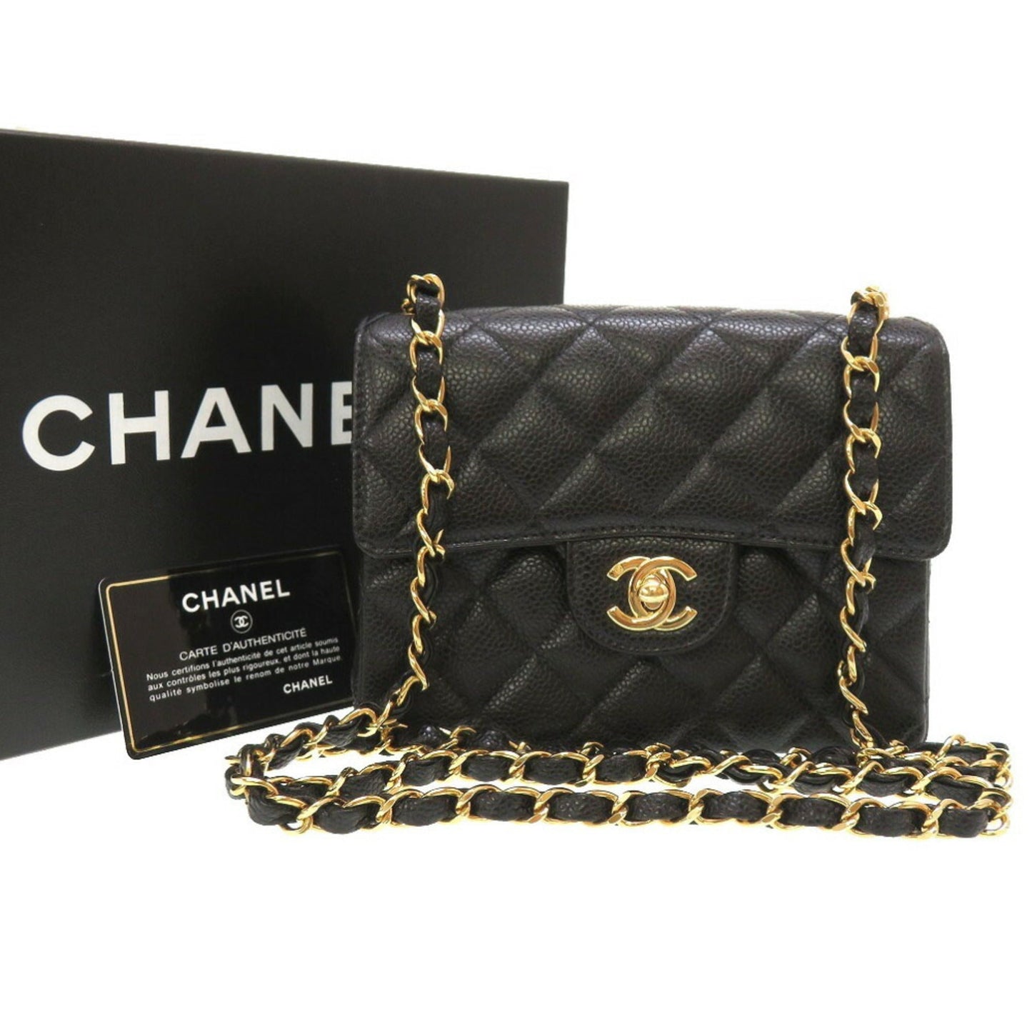 Luxury Chanel Matelasse Caviar Skin Black No. 8 Gold Chain Shoulder Bag Coco Mark
