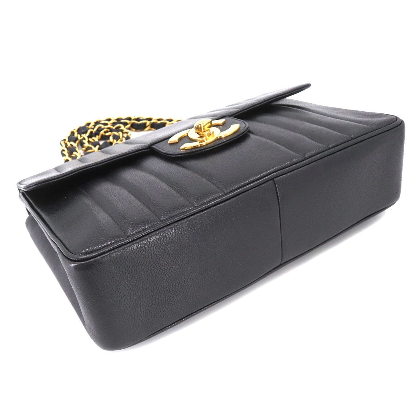 Luxury Chanel Mademoiselle Chain Shoulder Bag Caviar Skin Black Coco Mark Gold Hardware Vintage