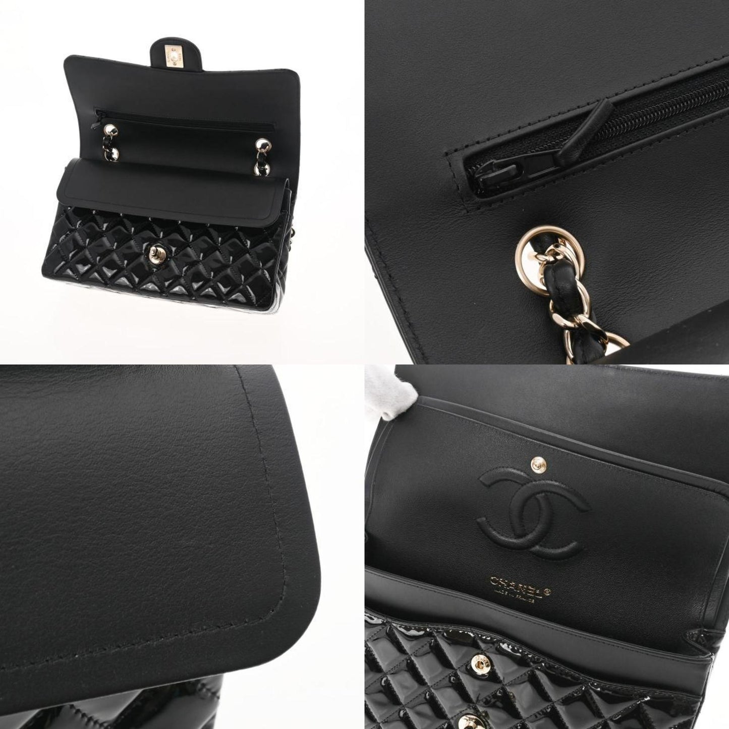 CHANEL matelasse W flap chain shoulder 25 black champagne ladies patent leather bag