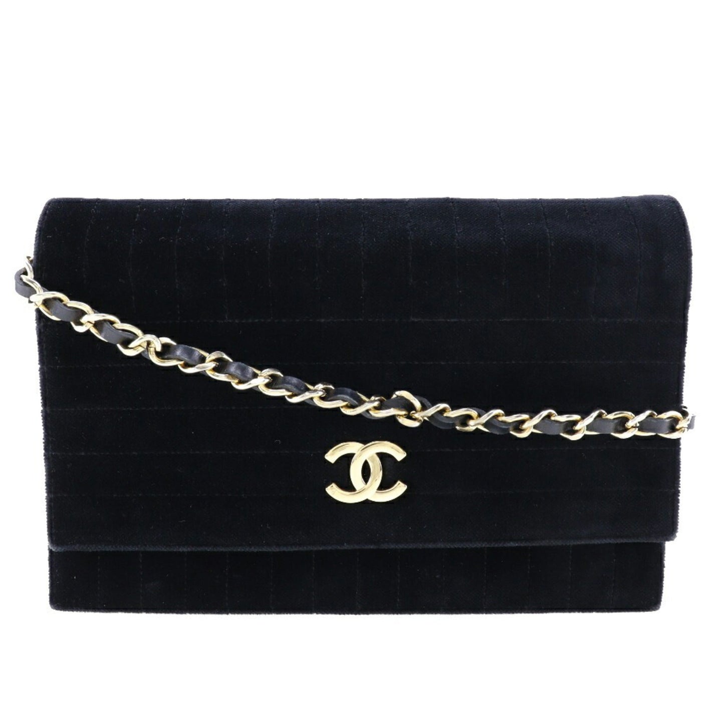 Luxury Chanel Chain Shoulder Bag Mademoiselle Coco Mark Velor Black/Gold Hardware Women's