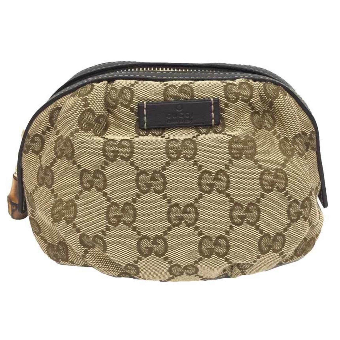 Luxury Gucci GG Canvas Bamboo Pouch WG Beige x Brown Leather Women's Unisex Bag