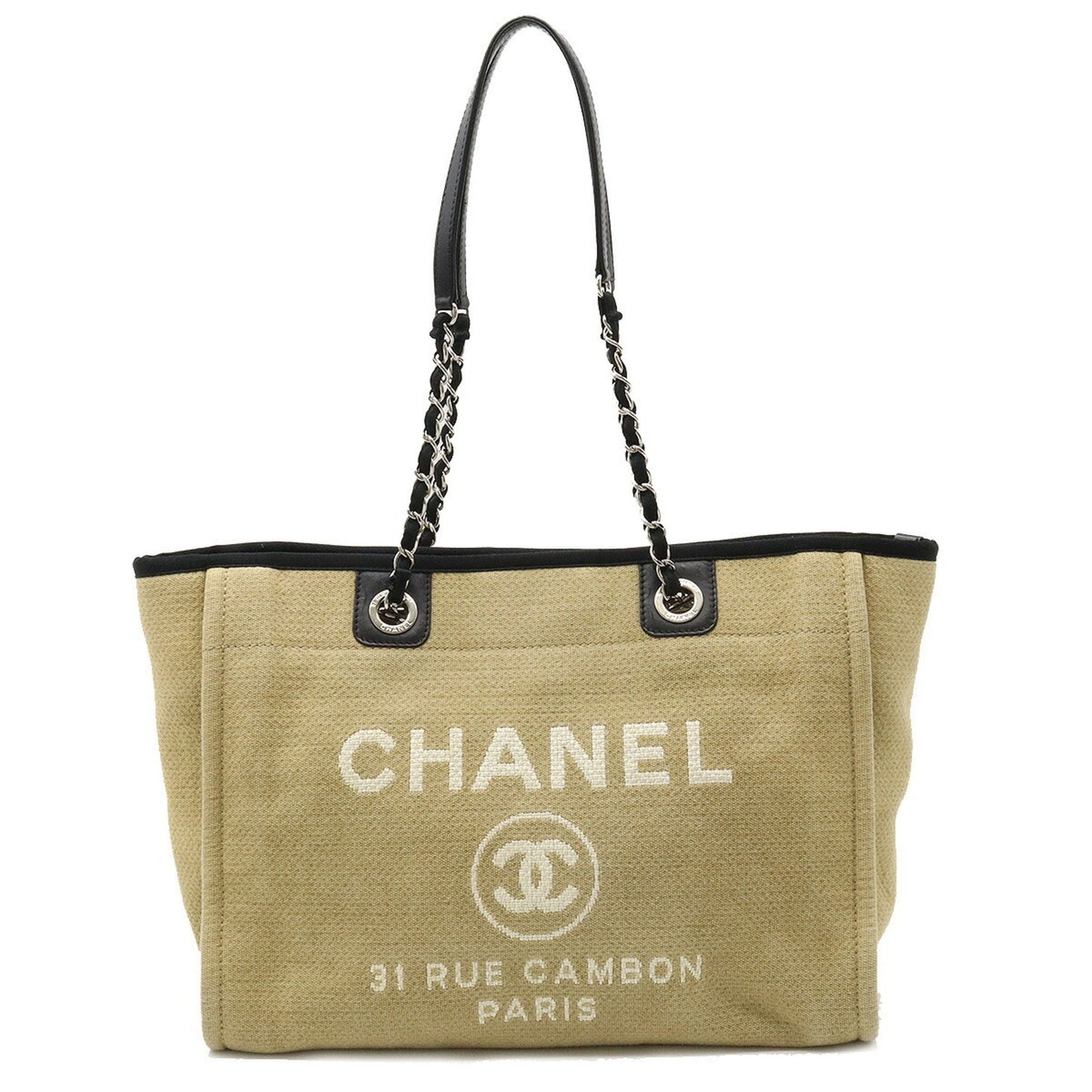 Luxury Chanel Deauville Line Medium Tote MM Bag Shoulder Chain Beige Black A67001