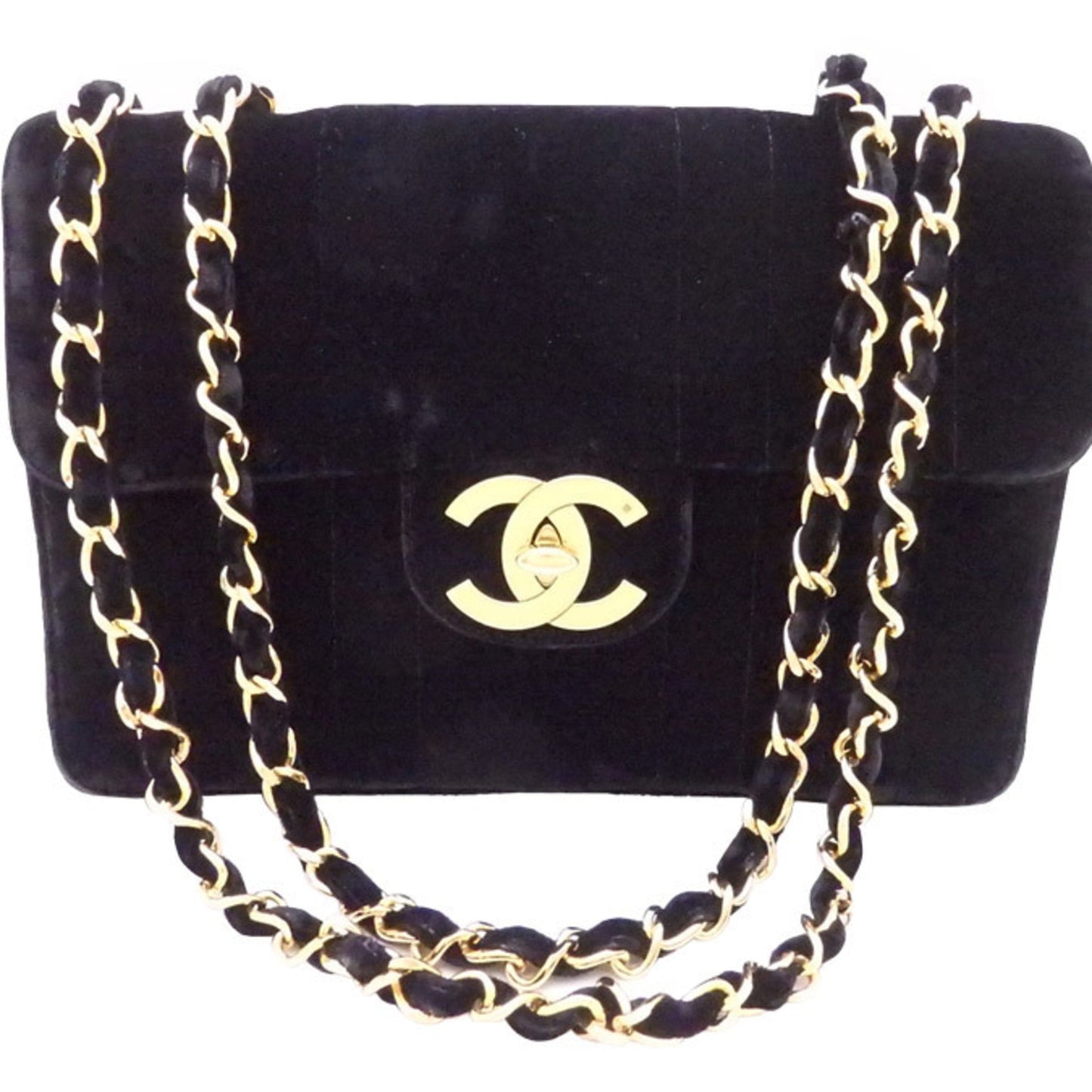Luxury Chanel shoulder bag here mark velvet / metal black x gold ladies