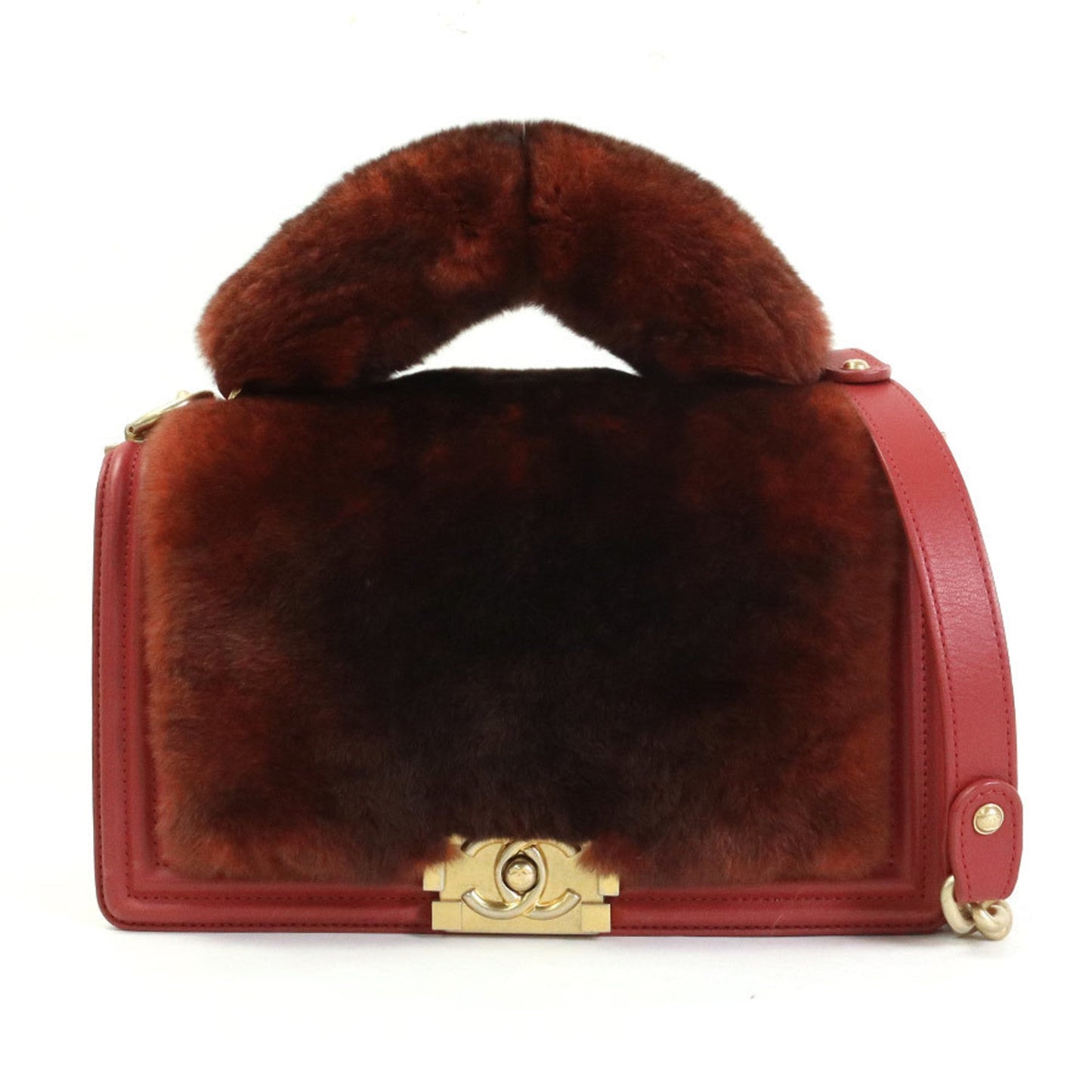 Luxury Chanel handbag diagonal shoulder bag boy fur/leather brown red gold ladies e55871a