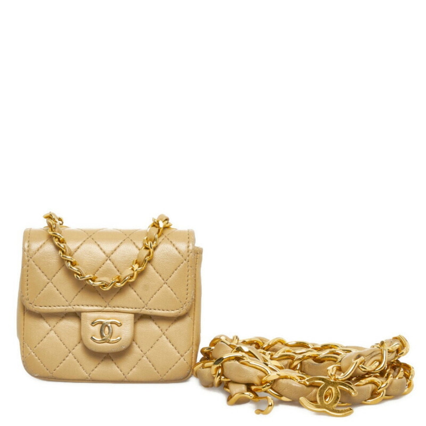 Luxury Chanel matelasse chain shoulder bag handbag waist pouch beige leather ladies