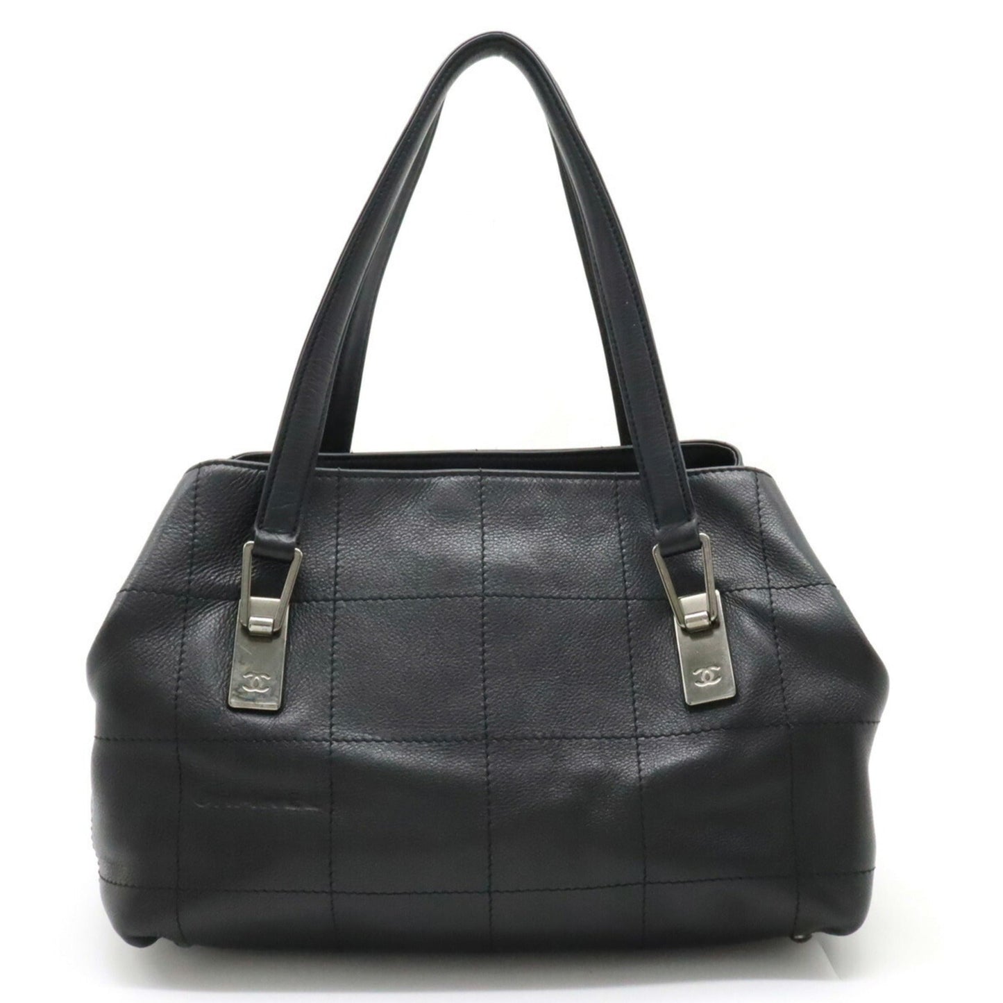 Luxury Chanel Chocolate Bar Coco Mark Boston Tote Bag Leather Black