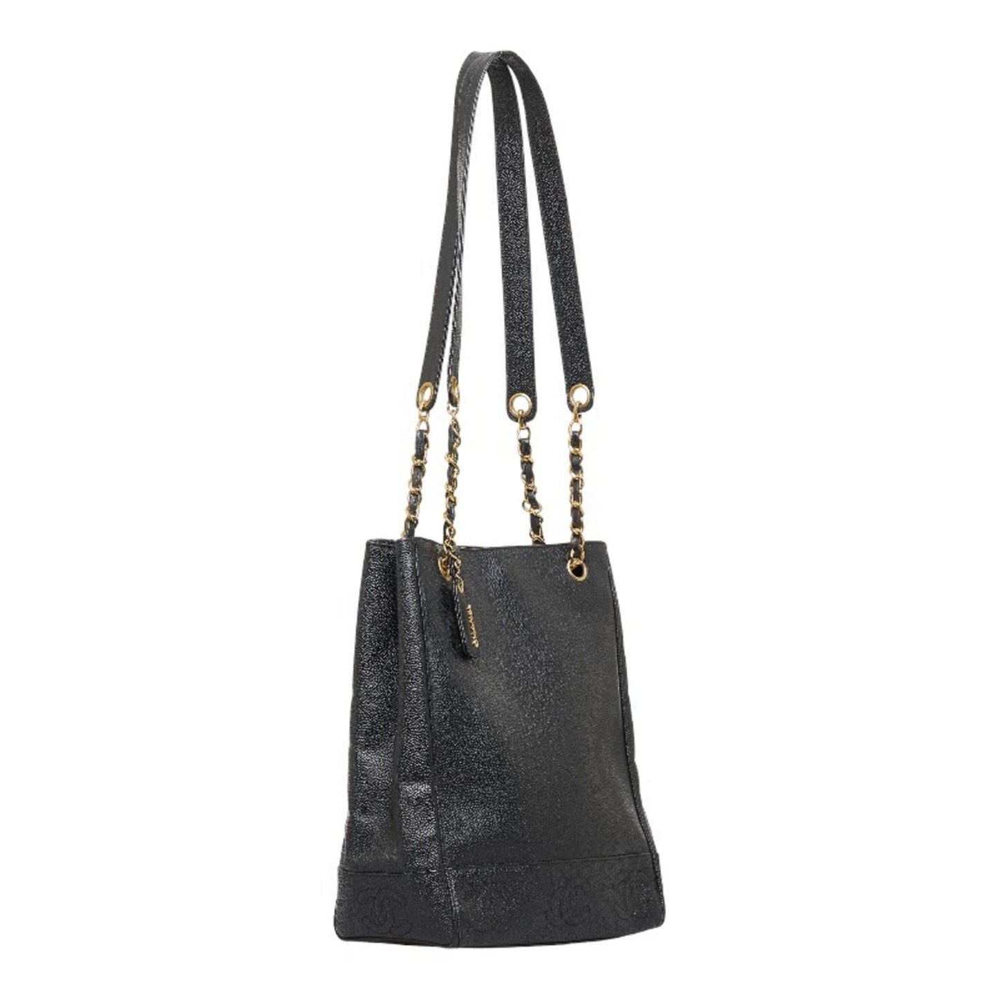 Luxury Chanel coco mark handbag tote bag black gold matte caviar skin ladies