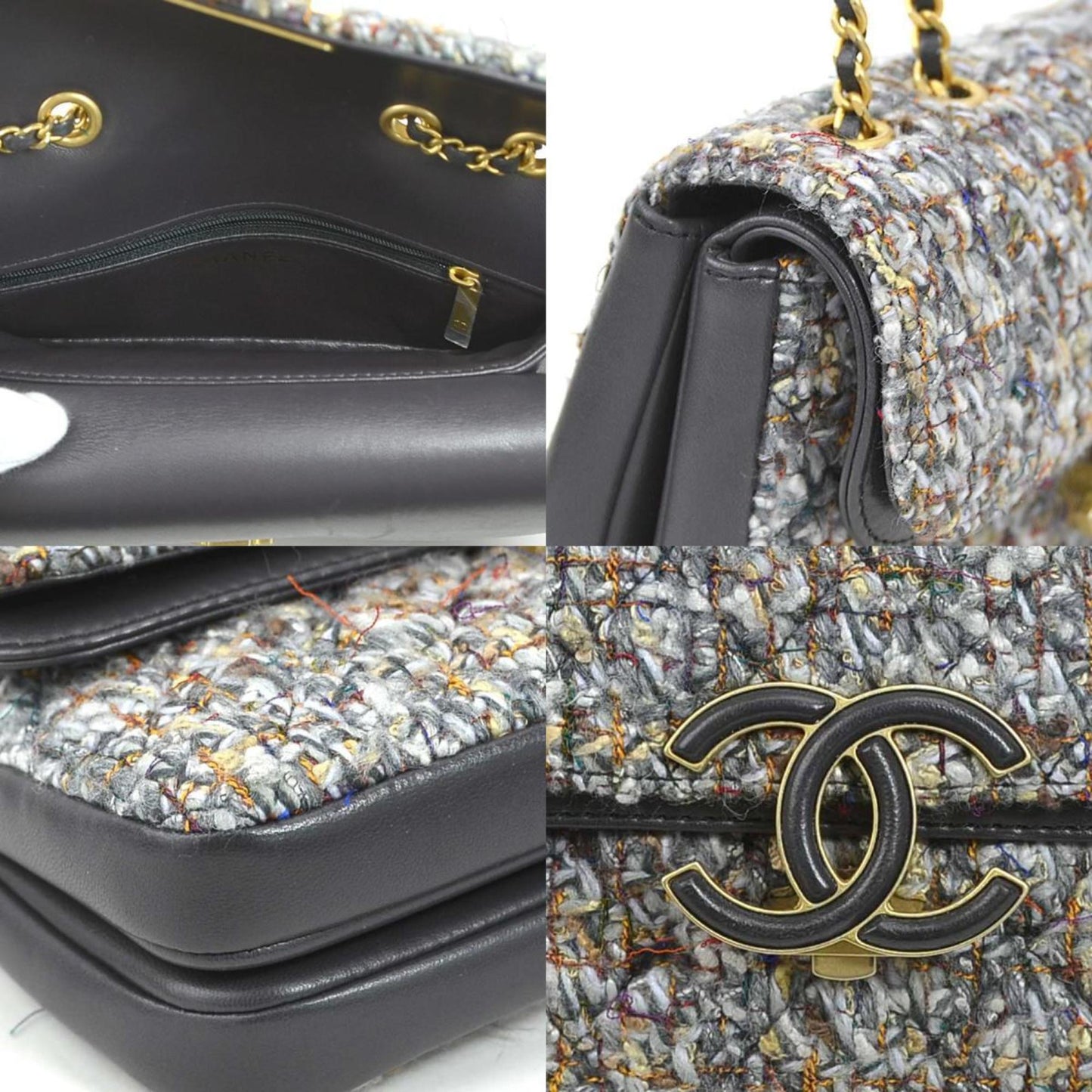 Luxury Chanel Shoulder Bag Coco Mark Tweed/Leather Gray/Blue/Multicolor Gold Ladies