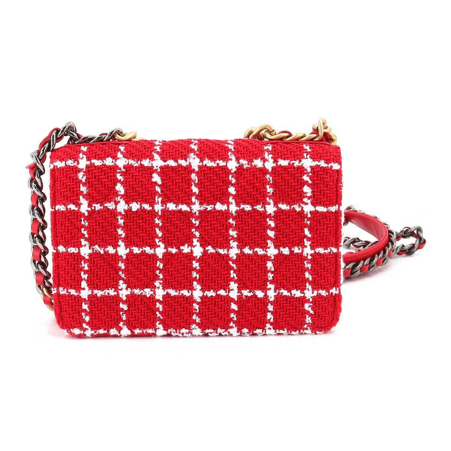 Luxury Chanel 19 Chain Wallet Long Tweed Leather Red White Check AP3267