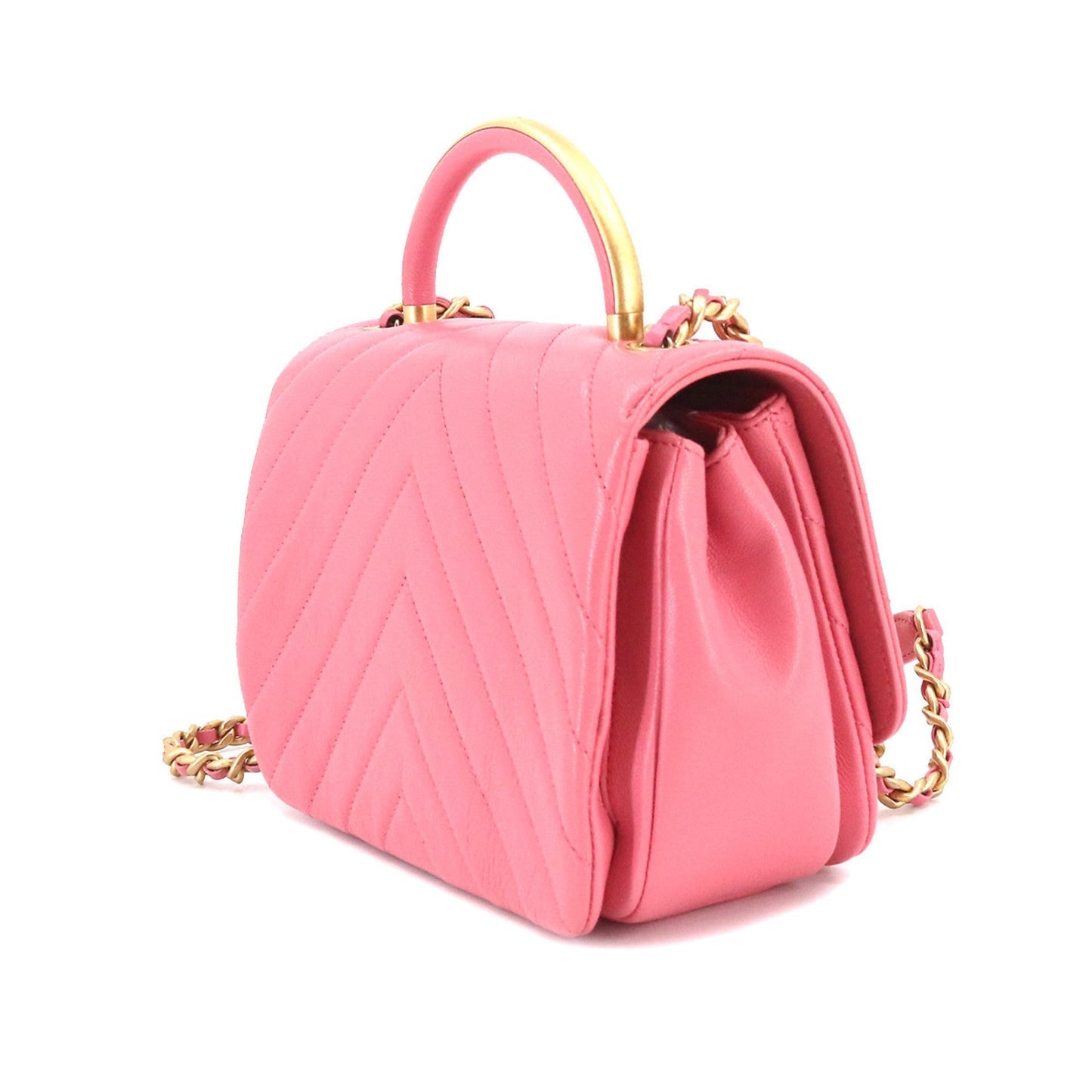 Luxury Chanel Chevron V Stitch Top Handle 2way Hand Shoulder Bag Leather Pink