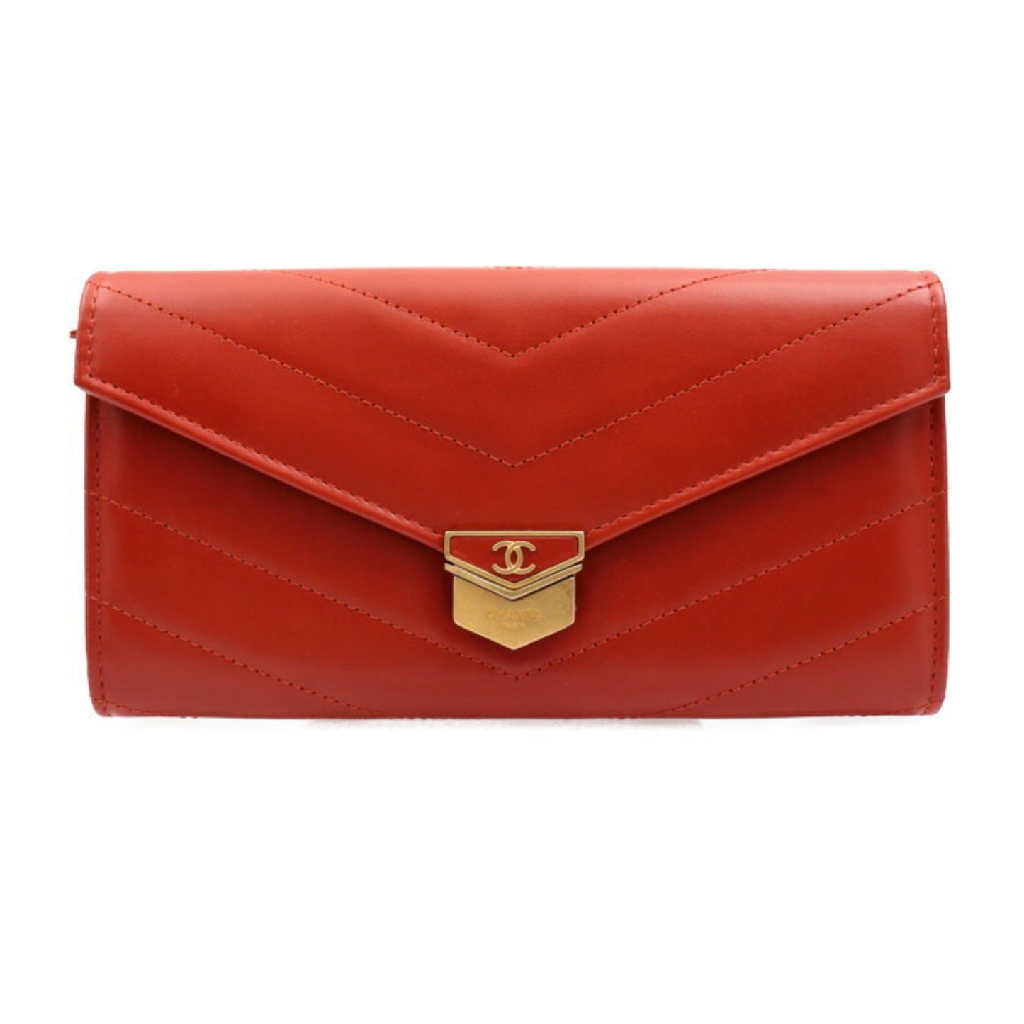 Luxury Chanel Chevron long wallet A81255 brick color gold metal fittings flap cover lid here mark