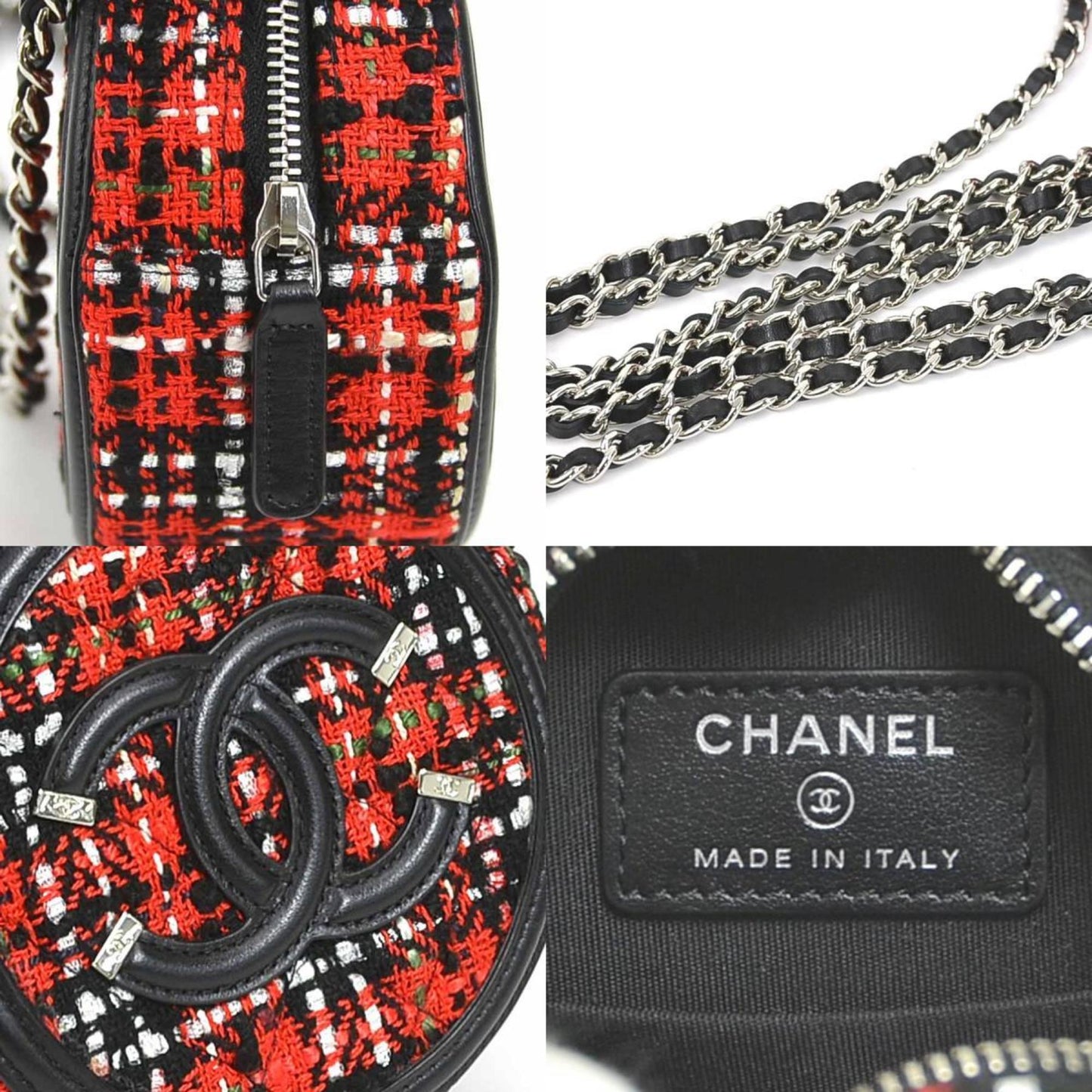 Luxury Chanel Crossbody Shoulder Bag Coco Mark Tweed/Leather/Metal Red/Black/Silver Women's