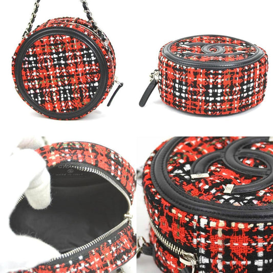 Luxury Chanel Crossbody Shoulder Bag Coco Mark Tweed/Leather/Metal Red/Black/Silver Women's