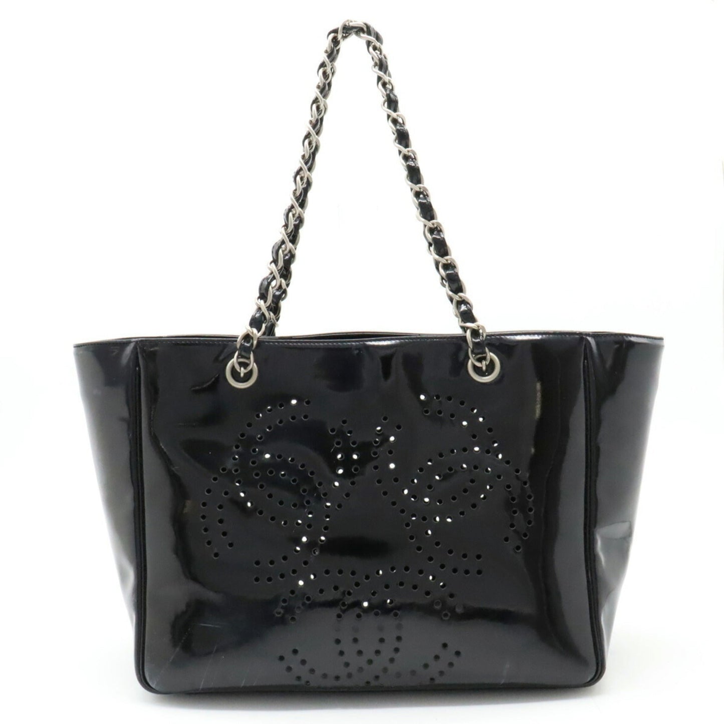 Luxury Chanel Coco Mark Triple Punching Chain Shoulder Bag Tote Enamel Black