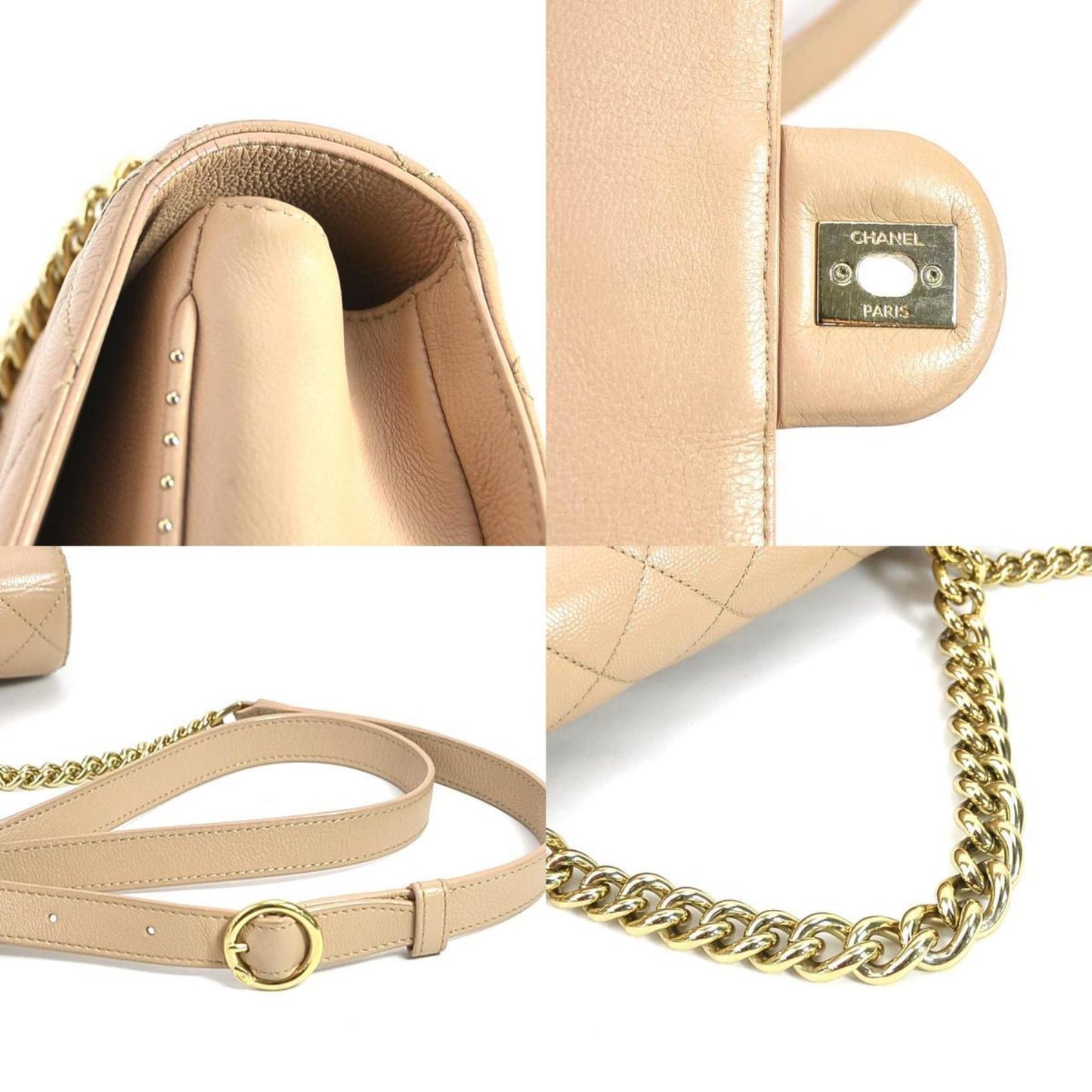 Luxury Chanel Diagonal Shoulder Bag Cocomark Matrasse Caviar Skin Leather Beige Gold Unisex 99540a