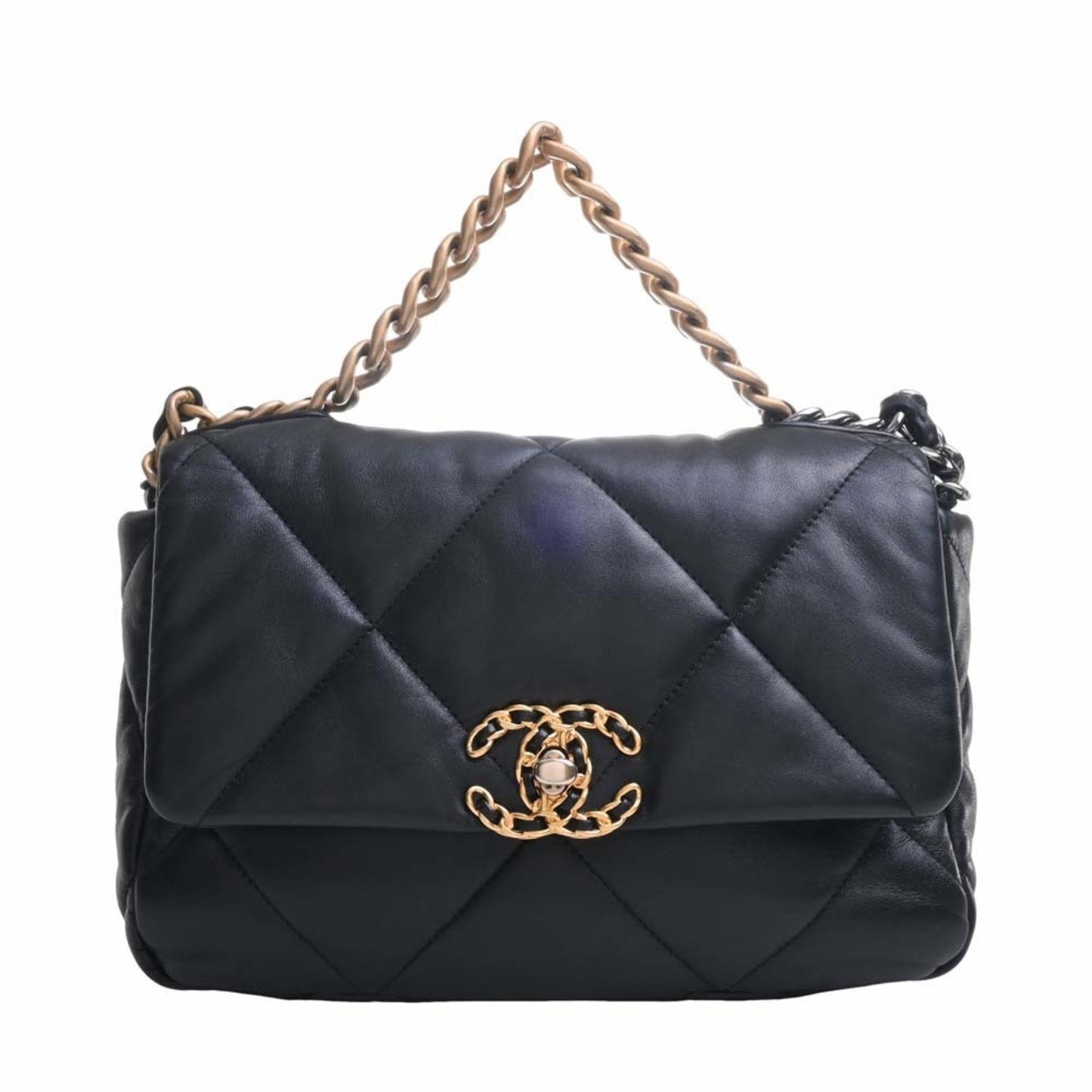 Luxury Chanel Lambskin  19 Coco Mark Chain Shoulder Bag Black Ladies
