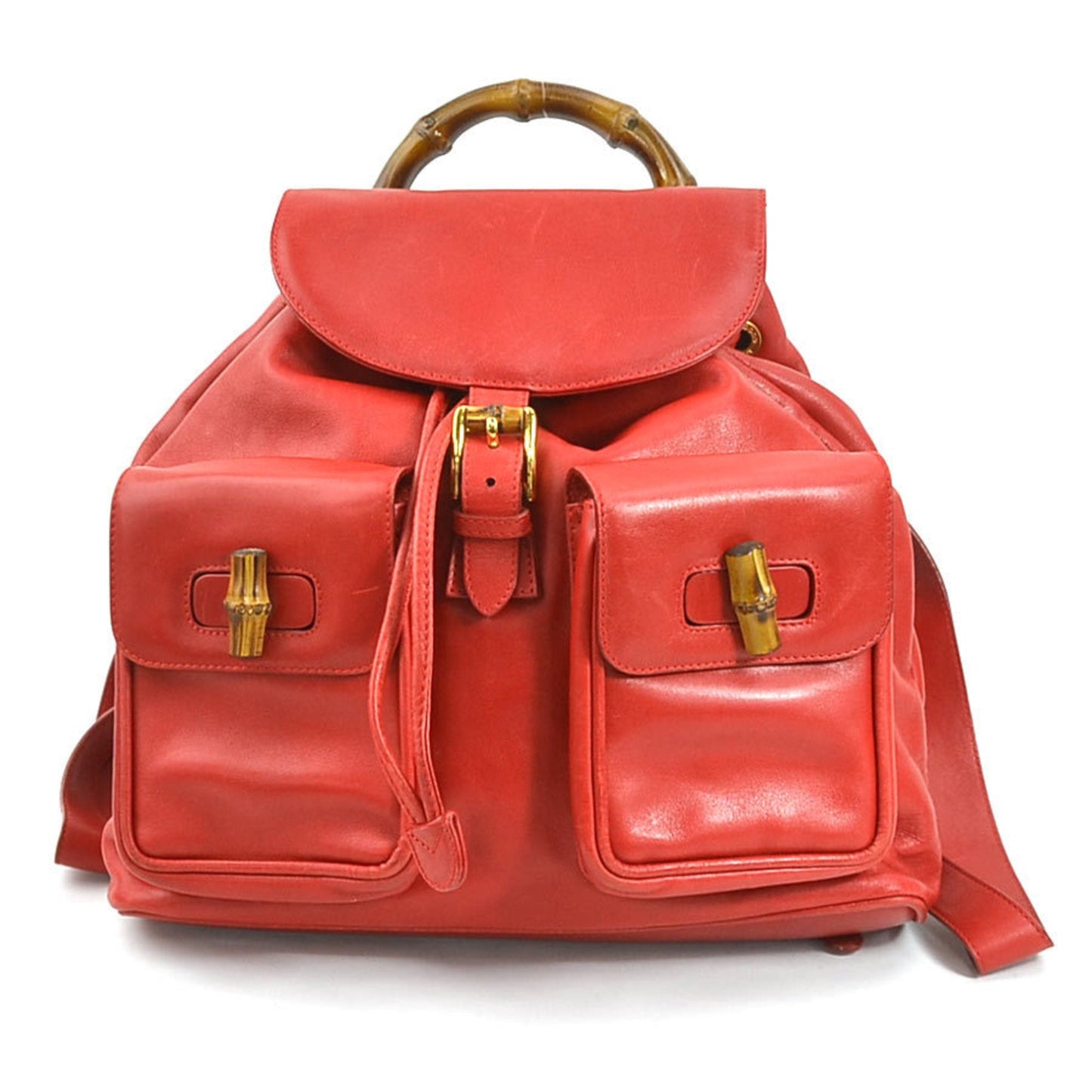 Luxury Gucci Trending 2025 Backpack Bamboo Leather Red Gold Ladies
