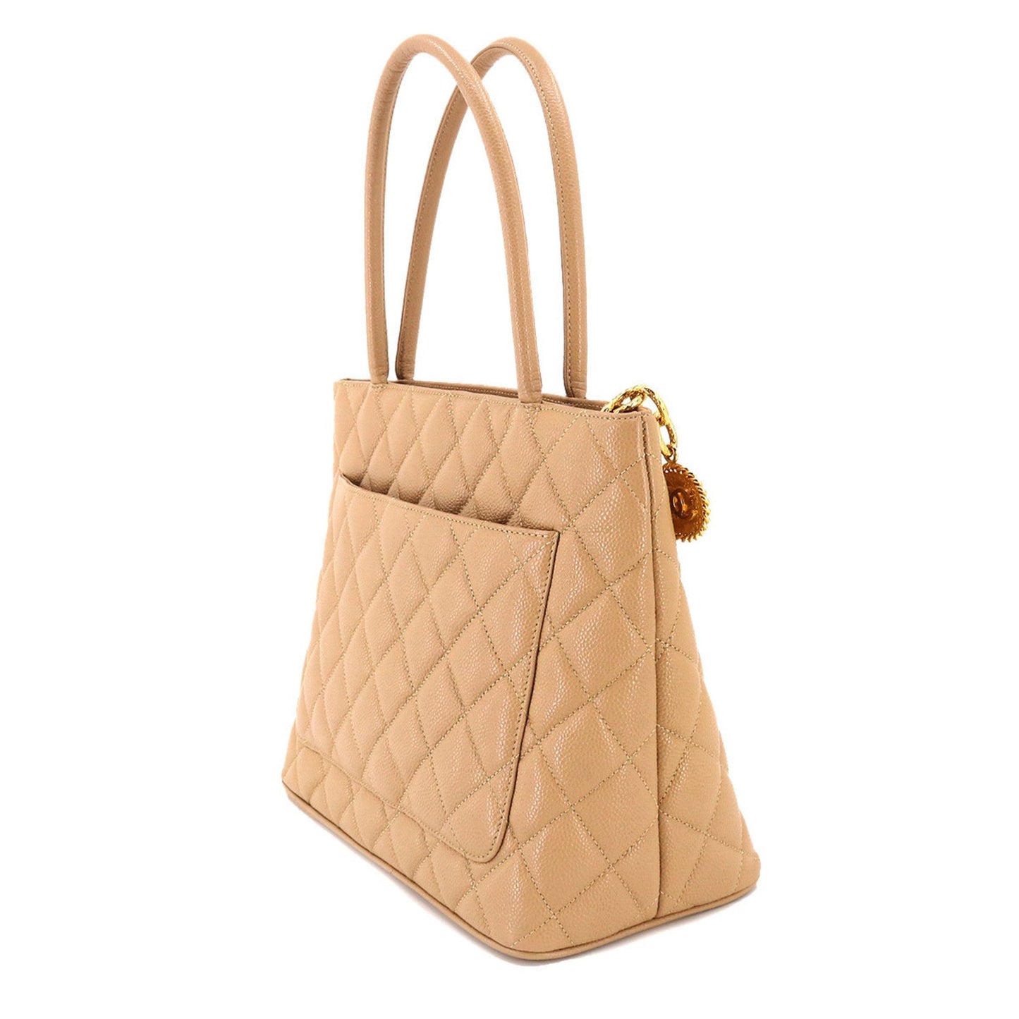 Luxury Chanel Reproduction Tote Bag Caviar Skin Beige A01804 Gold Hardware Vintage Medallion