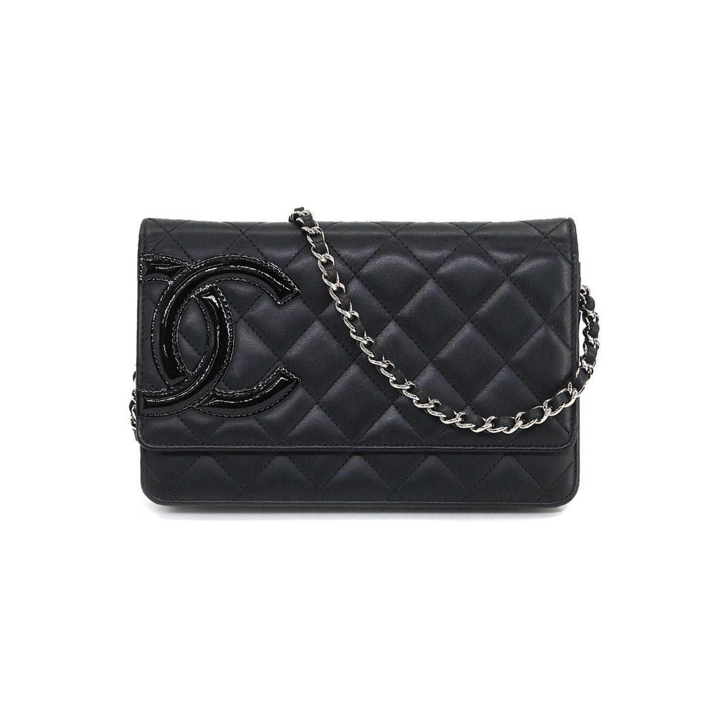 Luxury Chanel cambon line chain wallet folio long leather enamel black silver metal fittings A46646 Cambon Line Chain Wallet