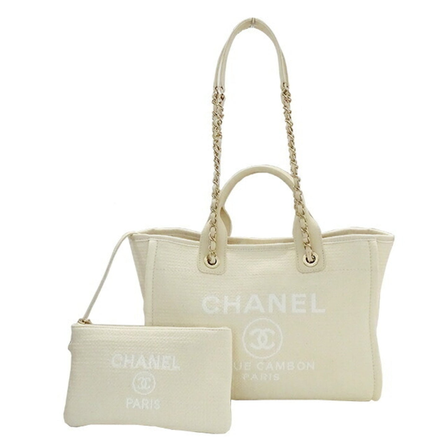 Luxury Chanel Bag Deauville Women's Handbag Shoulder 2way Canvas MM Ivory