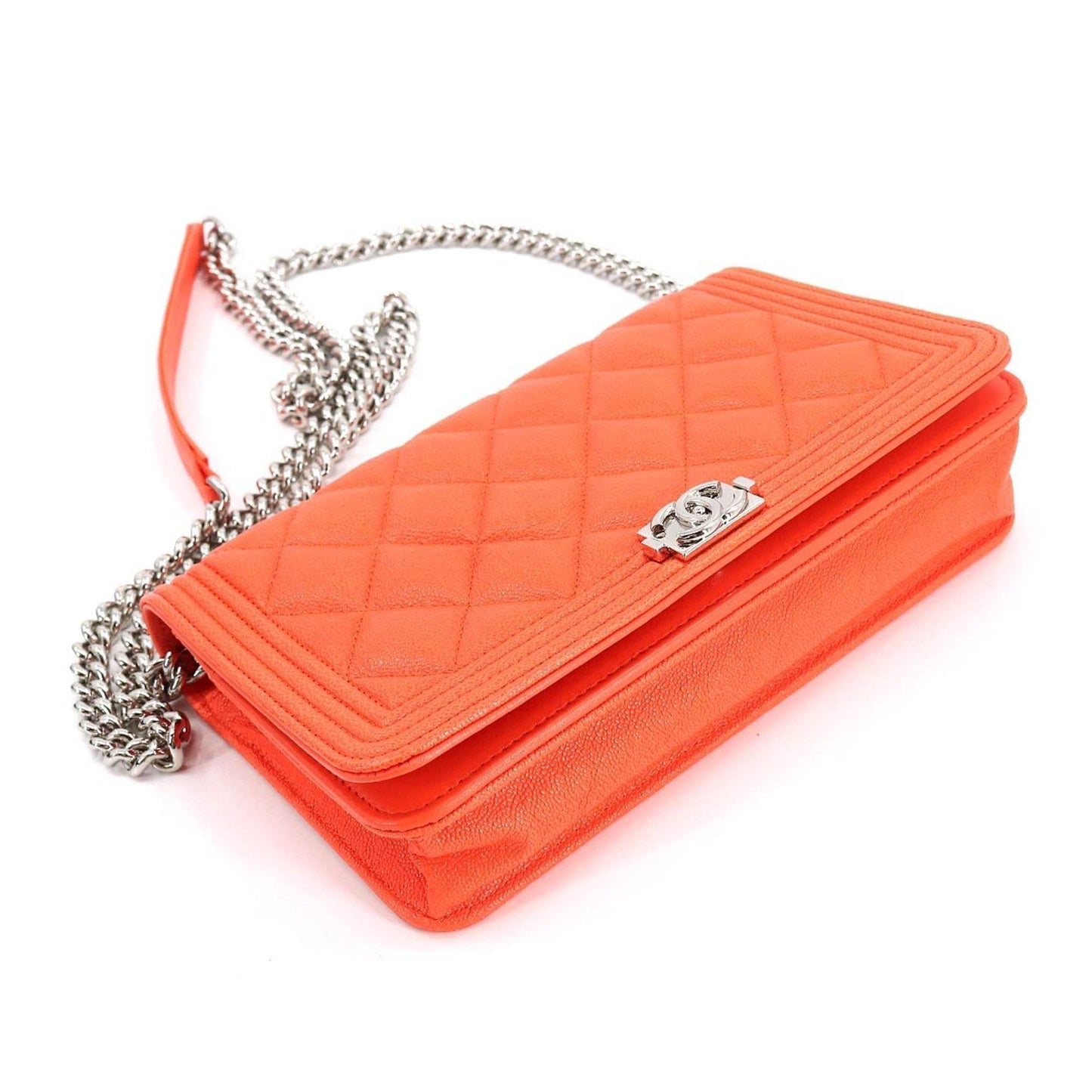 Luxury Chanel boy chain wallet long caviar skin leather orange AP1117 silver metal fittings Chain Wallet