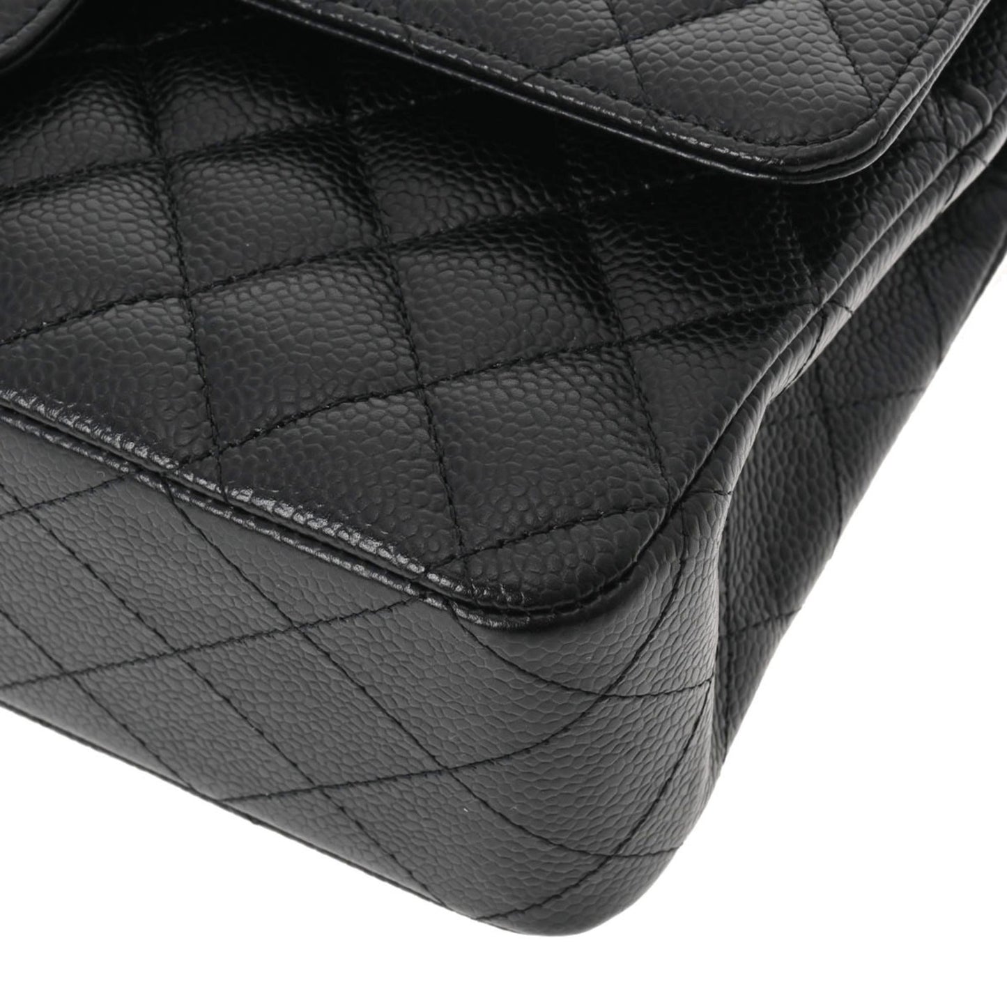 CHANEL Matelasse Chain Shoulder 25cm W Flap Black Ladies Caviar Skin Bag