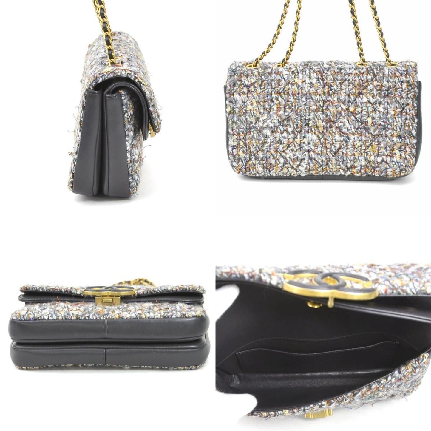 Luxury Chanel Shoulder Bag Coco Mark Tweed/Leather Gray/Blue/Multicolor Gold Ladies