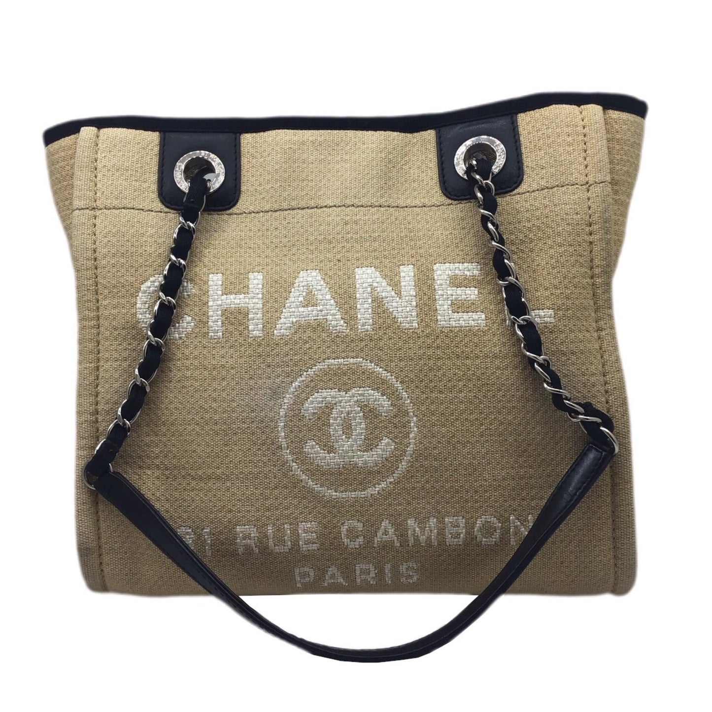 Luxury Chanel Deauville PM A66939 Beige Black Silver SV Metal Fittings Tote Bag Handbag Women's Men's Unisex