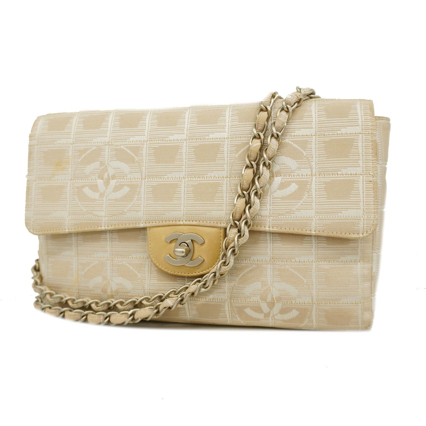 Luxury Chanel  Chocolate Bar New Travel W Chain Nylon Canvas Shoulder Bag Beige