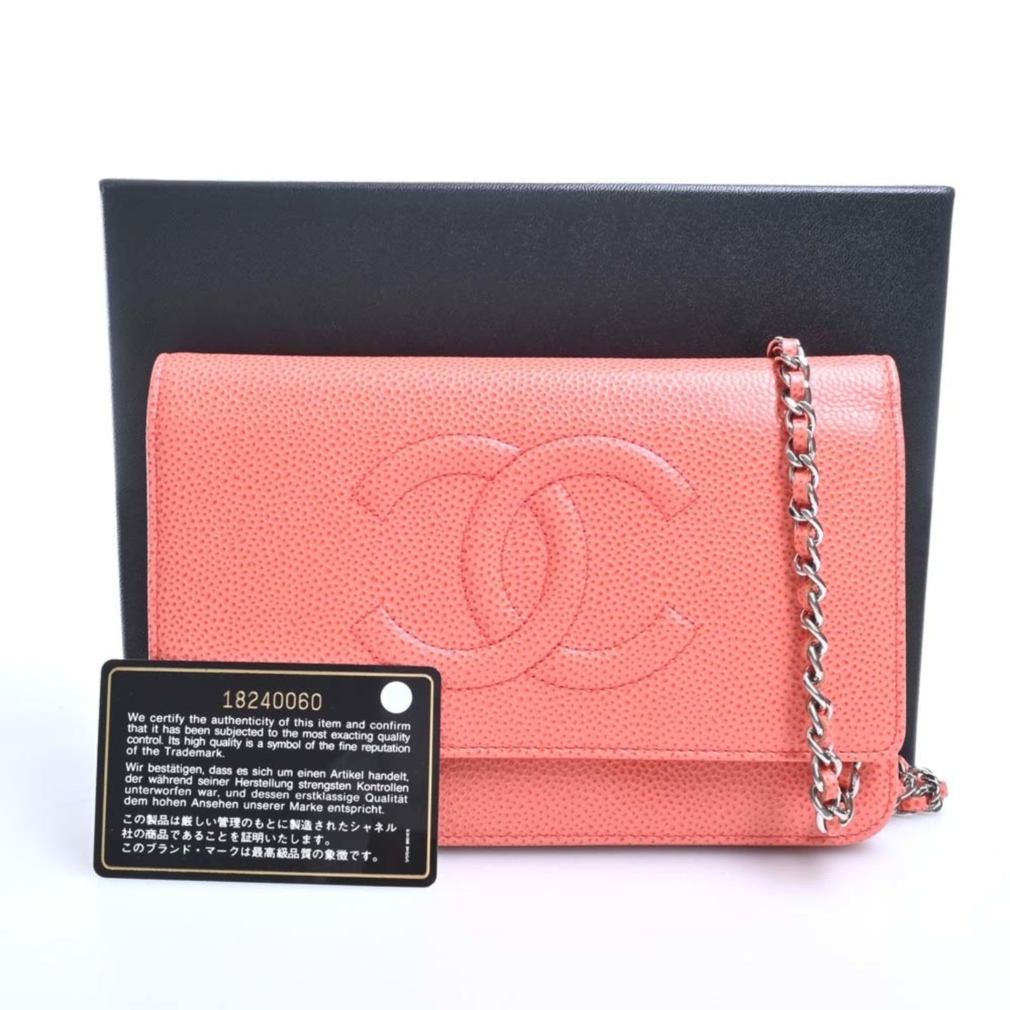 Luxury Chanel Caviar Skin Coco Mark Chain Shoulder Long Wallet Orange Ladies