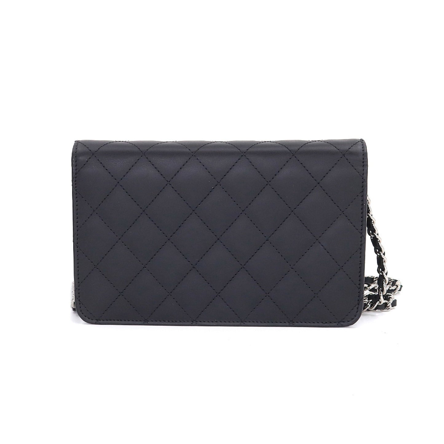 Luxury Chanel Cambon Line Chain Wallet Bifold Long Leather Enamel Black A46646