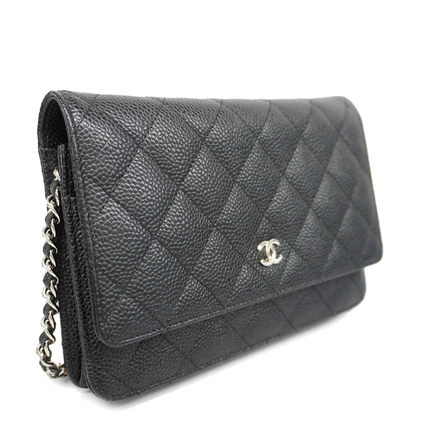 Luxury Chanel  Matelasse Silver Hardware Caviar Leather Chain/Shoulder Wallet Black