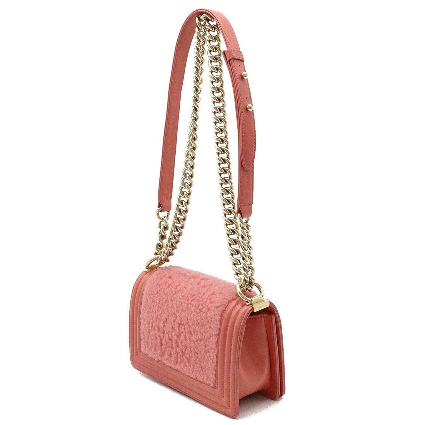 Luxury Chanel Boy Boa Chain Bag Shoulder Clutch Mouton Leather Coral Pink