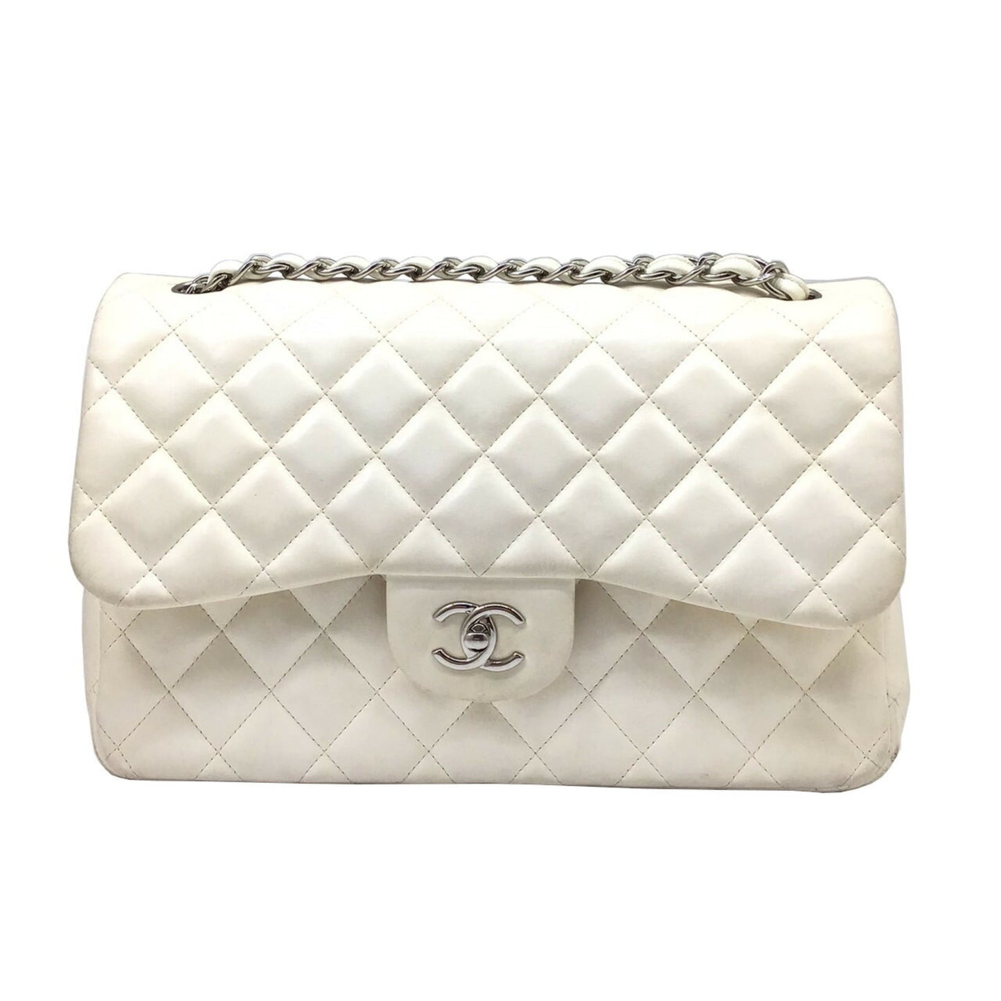 CHANEL Matelasse Deka 30 White Lambskin Silver Hardware Chain Shoulder Double Flap Women's