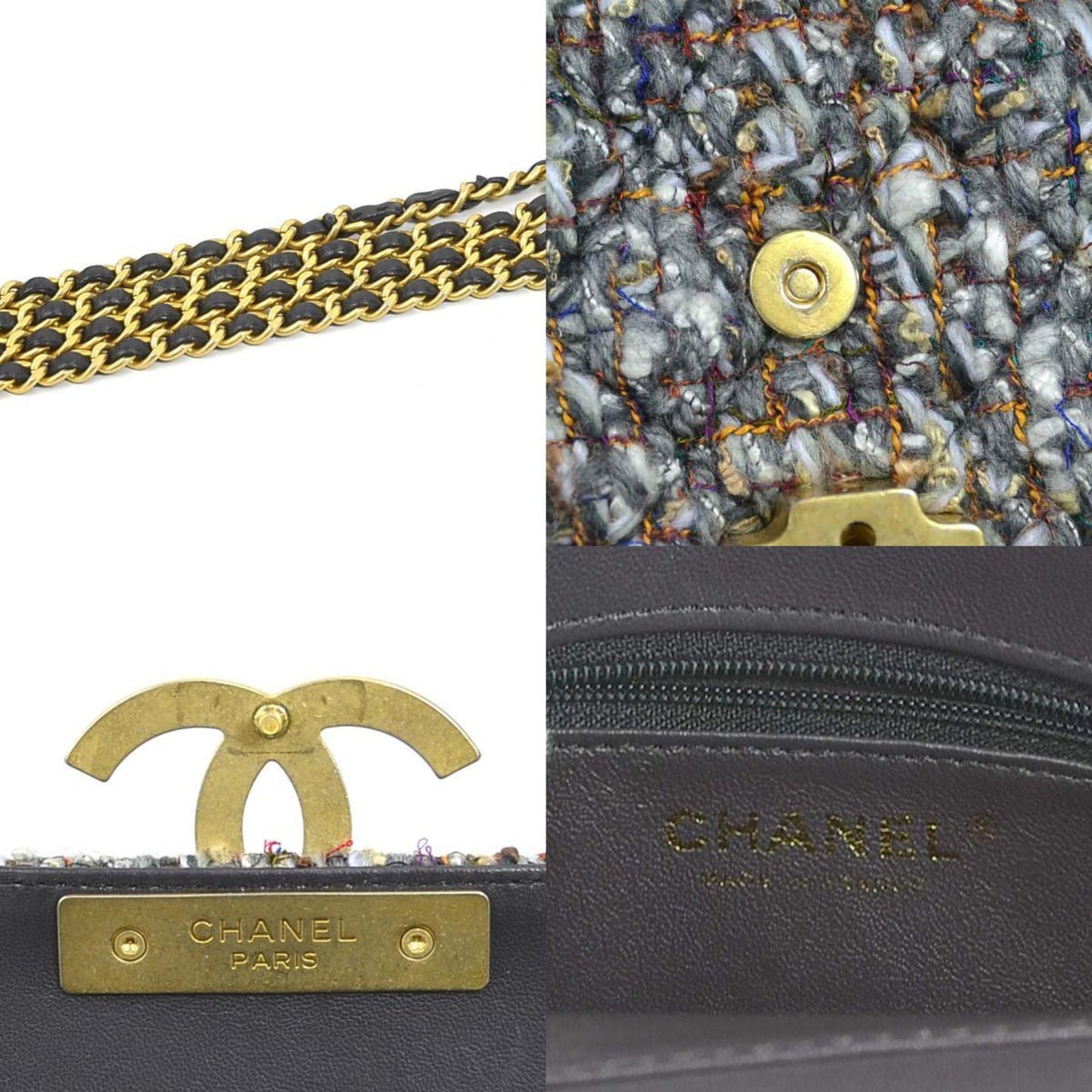 Luxury Chanel Shoulder Bag Coco Mark Tweed/Leather Gray/Blue/Multicolor Gold Ladies