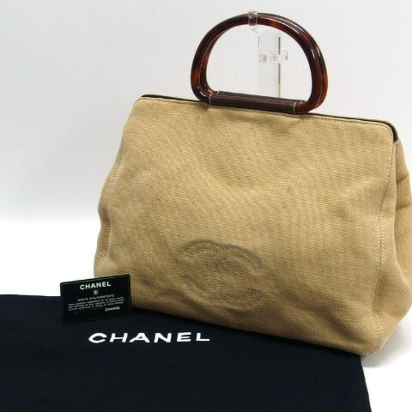 Luxury Chanel Tortoiseshell Handle Canvas Tote Coco Mark Beige