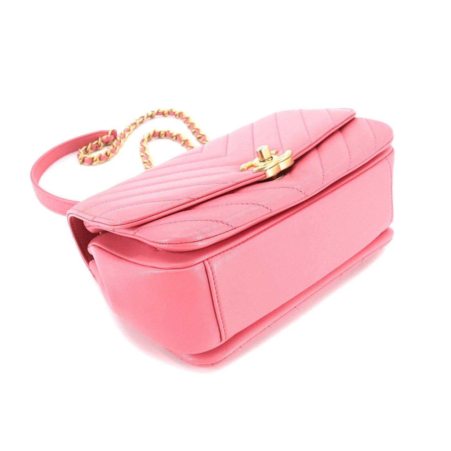 Luxury Chanel Chevron V Stitch Top Handle 2way Hand Shoulder Bag Leather Pink