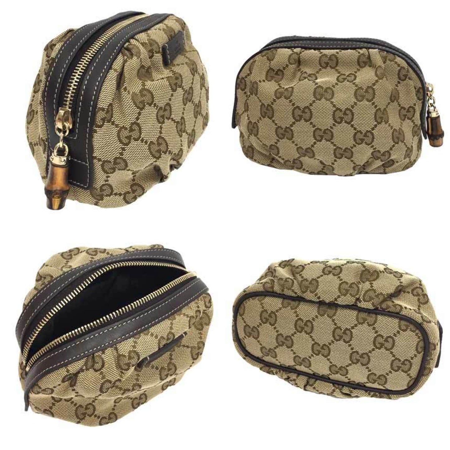 Luxury Gucci GG Canvas Bamboo Pouch WG Beige x Brown Leather Women's Unisex Bag