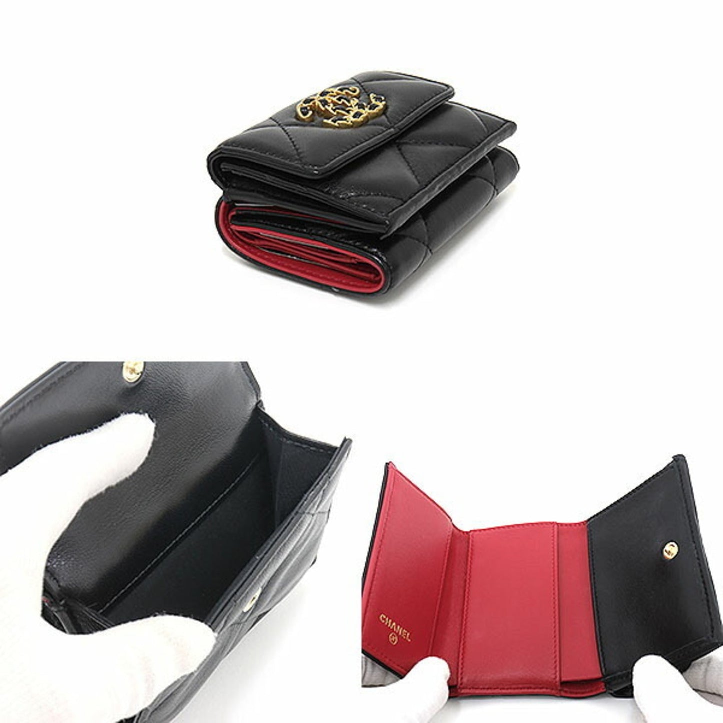 Luxury Chanel 19 Small Flap Wallet Lambskin Black Red Gold Metal Fittings AP1789 Trifold Dizeneuf Matrasse Cocomark Rope Design 30s