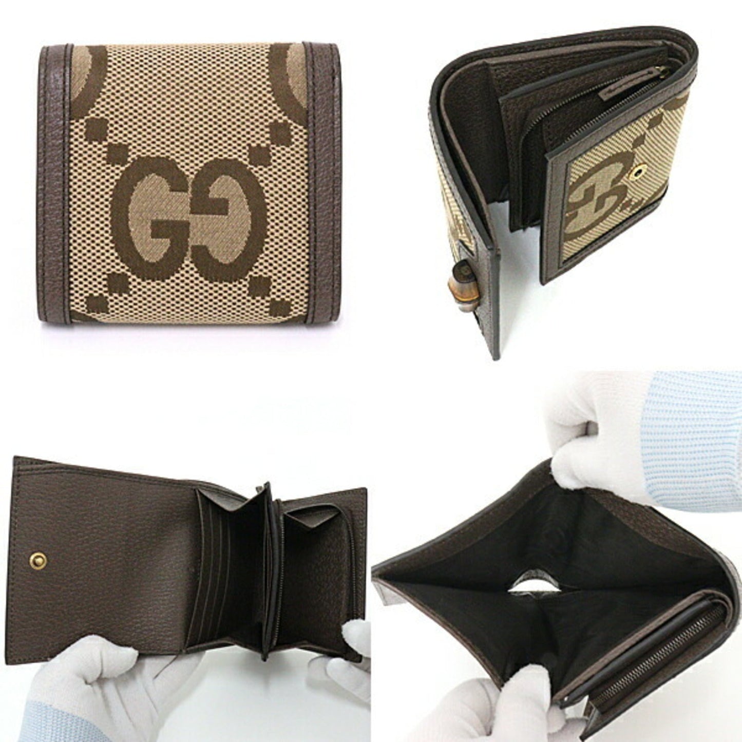 Luxury Gucci Jumbo GG Diana Bamboo Compact Wallet Bifold L-shaped Zipper Coin Purse Canvas 658635 Brown Gold Hardware